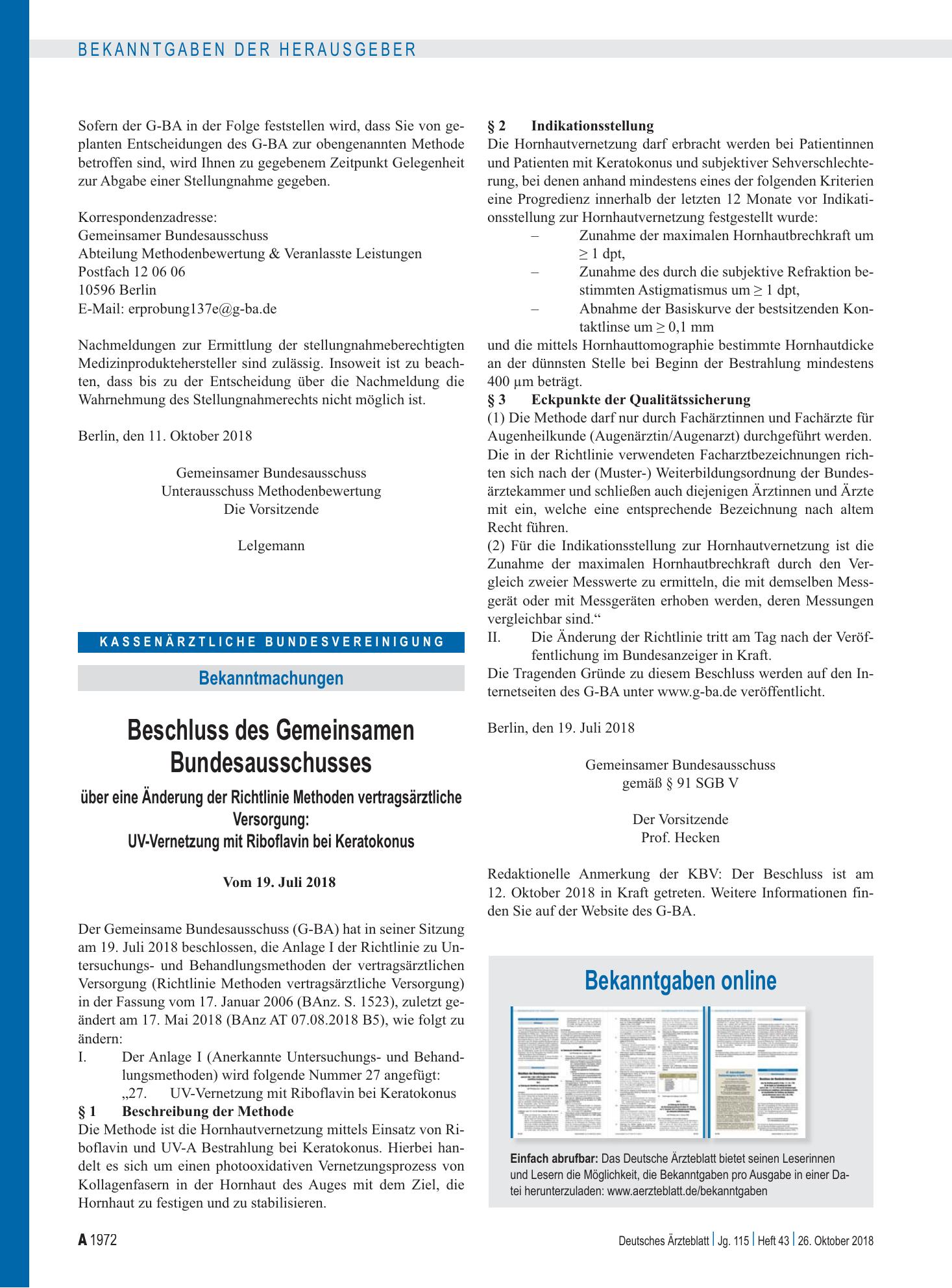 Vorschauseite 1: Beschluss des Gemeinsamen Bundesausschusses über eine Änderung der Richtlinie Methoden vertragsärztliche Versorgung: UV-Vernetzung mit Riboflavin bei Keratokonus – Deutsches Ärzte…