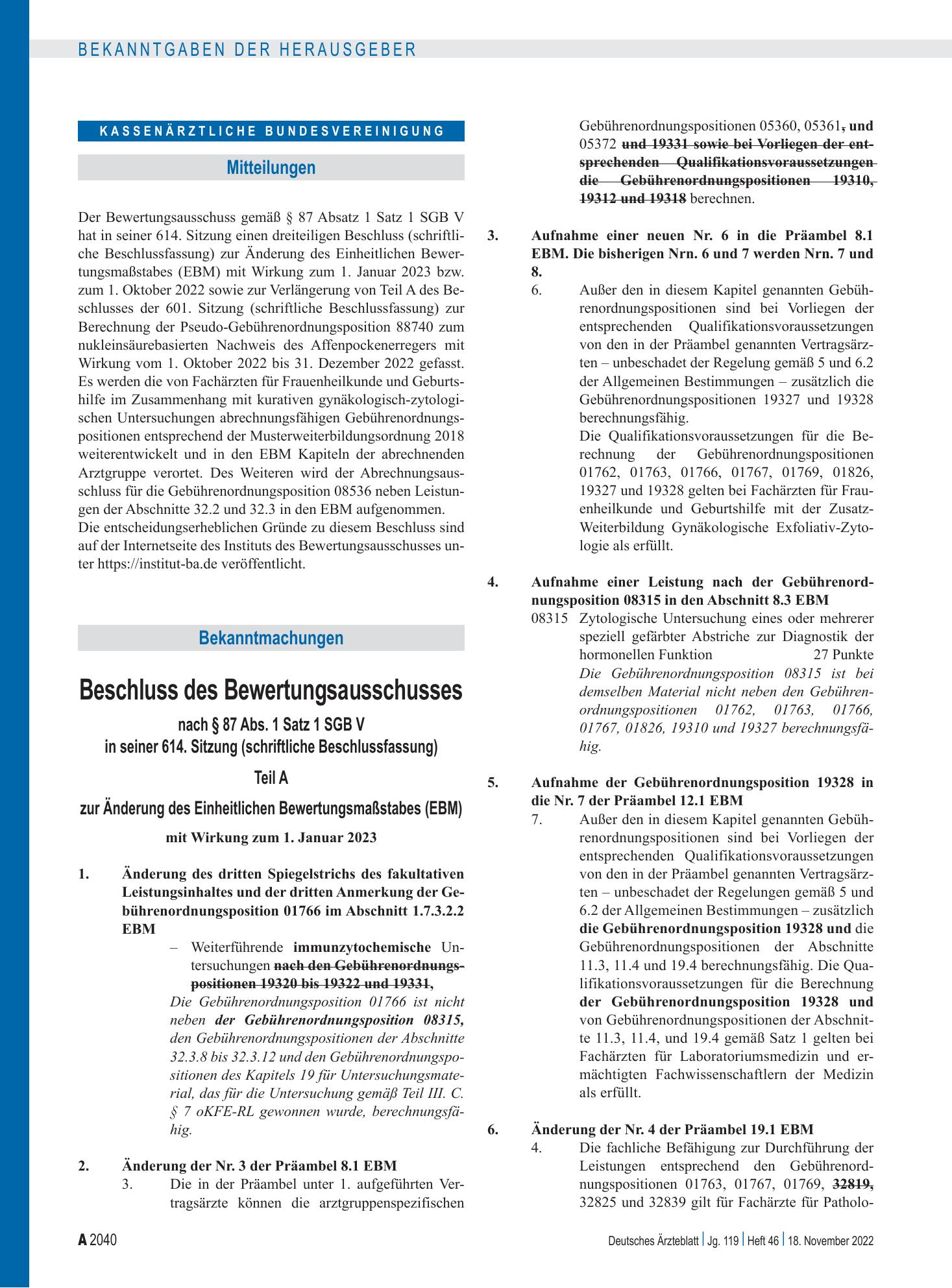 Vorschauseite 1: Beschluss des Bewertungsausschusses nach § 87 Abs. 1 Satz 1 SGB V in seiner 614. Sitzung (schriftliche Beschlussfassung) – Deutsches Ärzteblatt