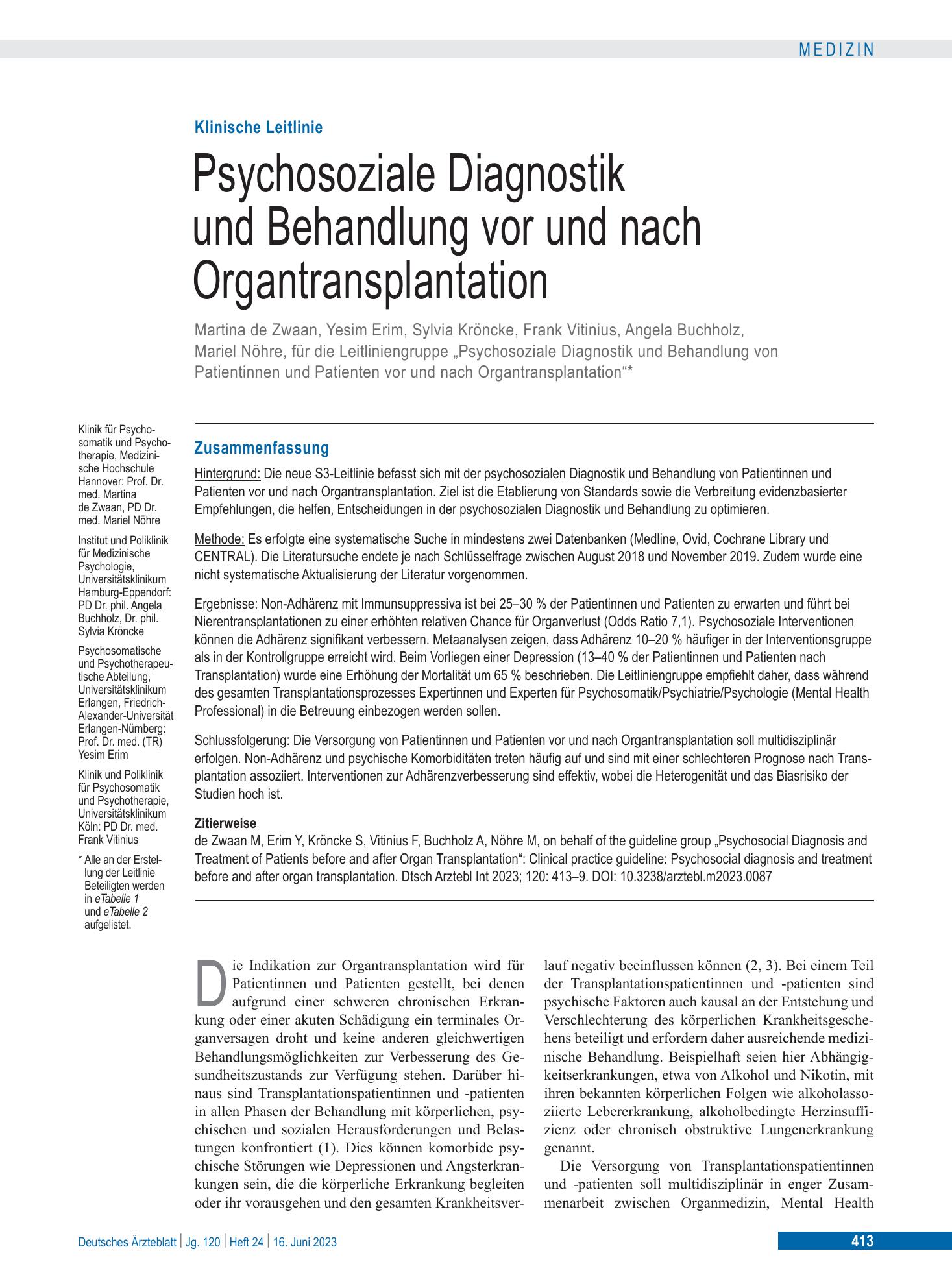 Vorschauseite 1: Psychosoziale Diagnostik und Behandlung vor und nach Organtransplantation – Deutsches Ärzteblatt