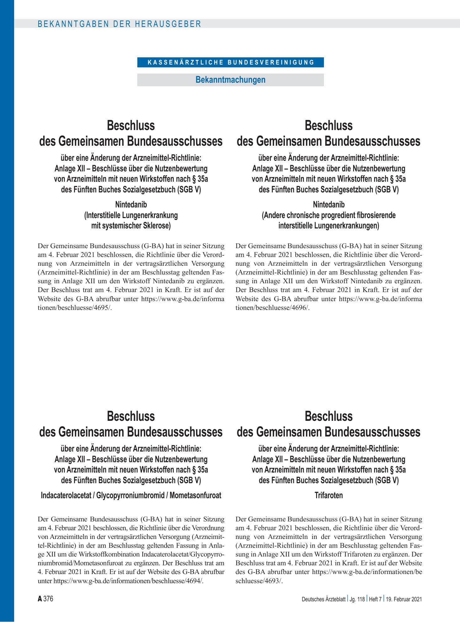 Vorschauseite 1: Beschluss des Gemeinsamen Bundesausschusses über eine Änderung der Arzneimittel-Richtlinie: Anlage XII – Nintedanib (Andere chronische progredient fibrosierende interstitielle Lun…