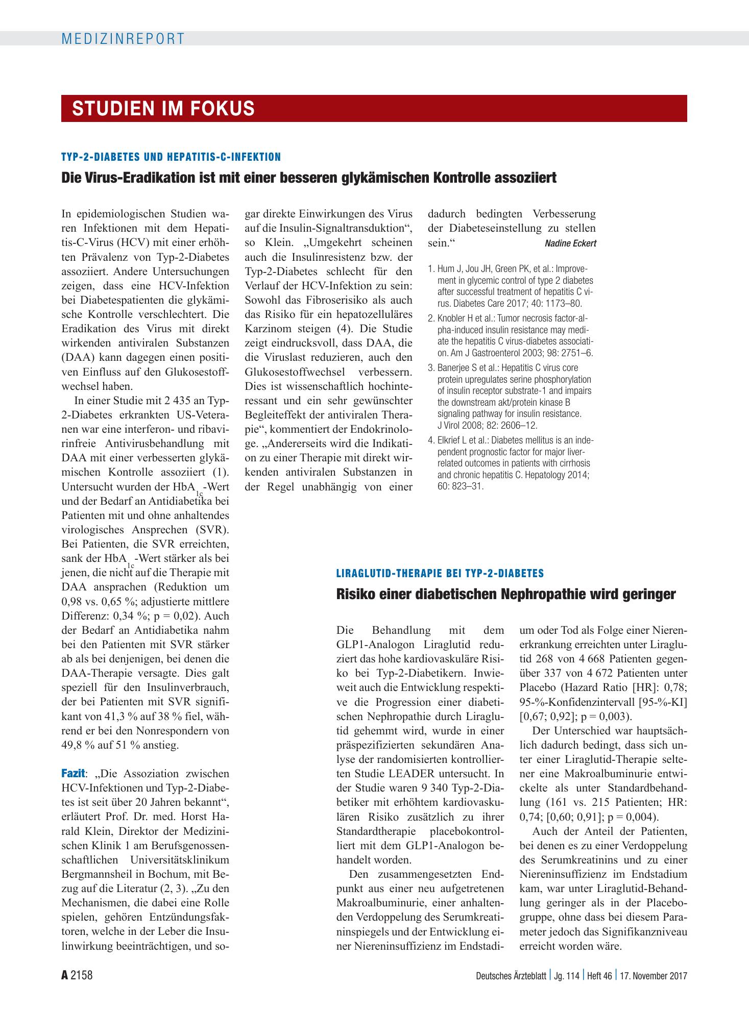 Vorschauseite 1: Liraglutid-Therapie bei Typ-2-Diabetes: Risiko einer diabetischen Nephropathie wird geringer – Deutsches Ärzteblatt
