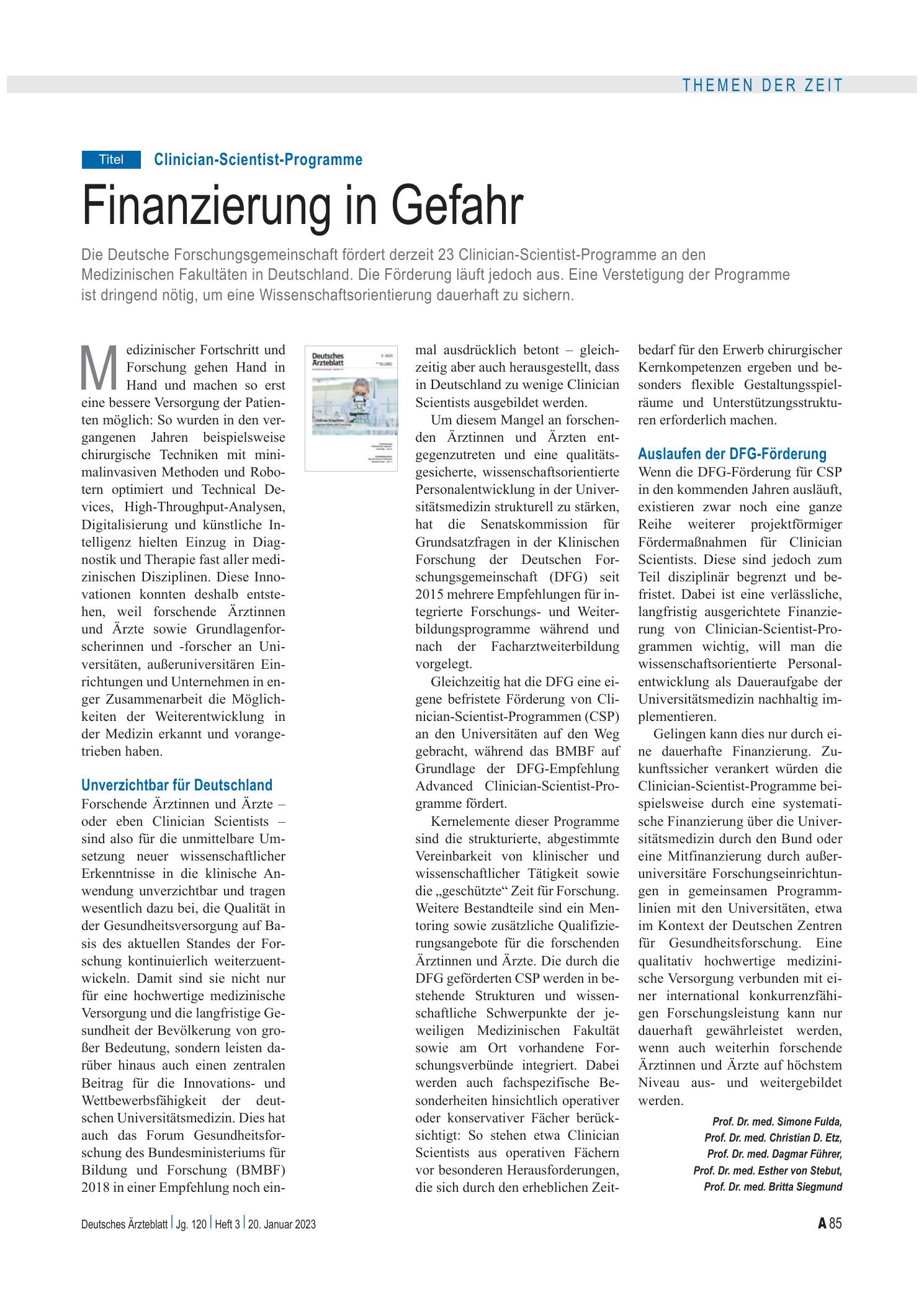 Vorschauseite 1: Clinician-Scientist-Programme: Finanzierung in Gefahr – Deutsches Ärzteblatt