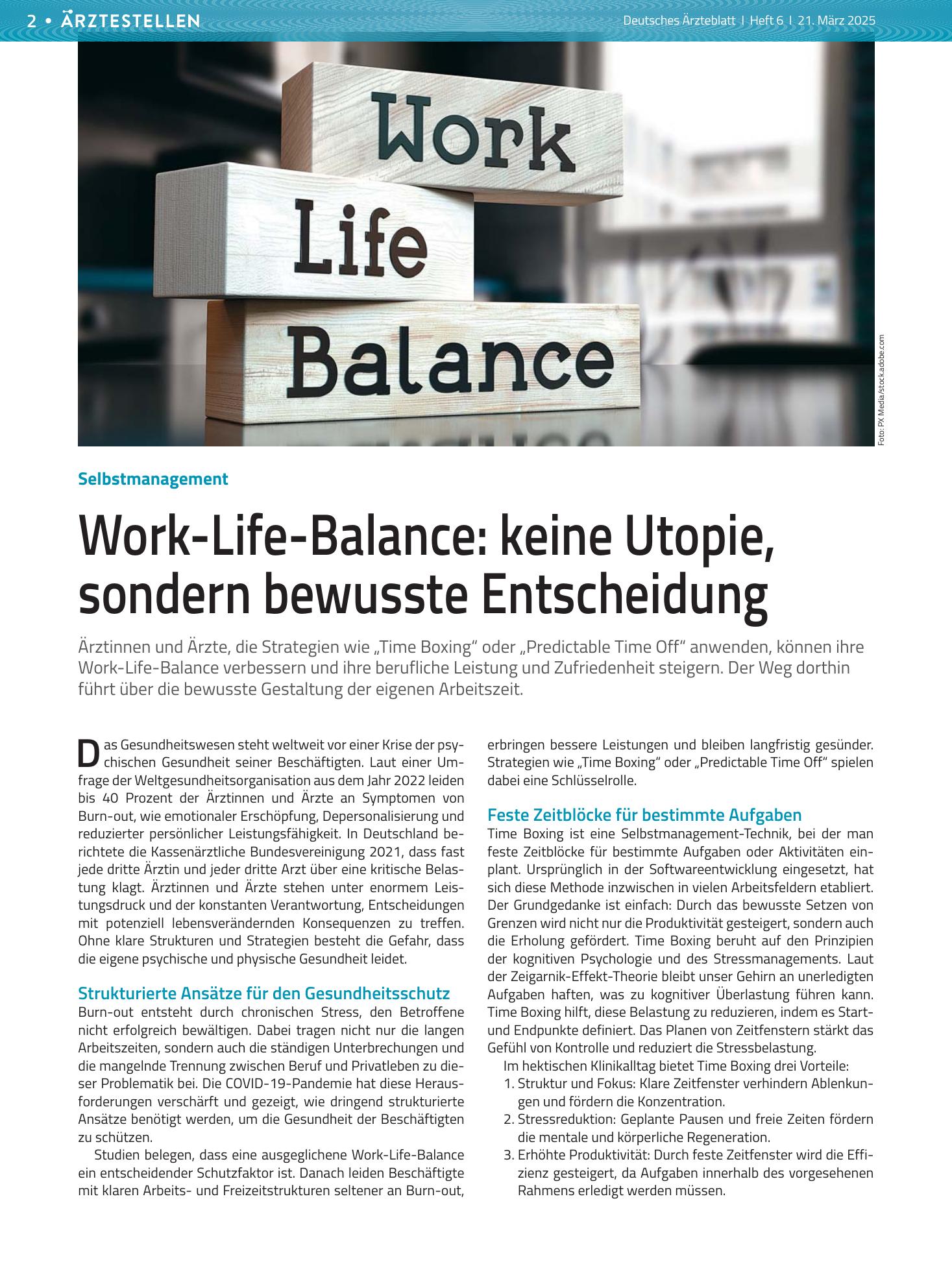 Vorschauseite 1: Selbstmanagement: Work-Life-Balance — keine Utopie, sondern bewusste Entscheidung – Deutsches Ärzteblatt