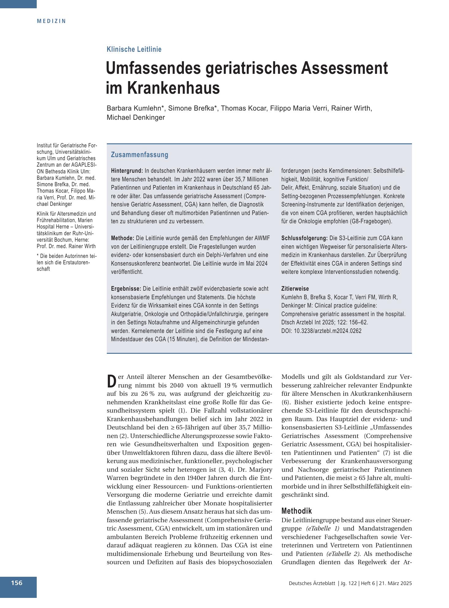 Vorschauseite 1: Umfassendes geriatrisches Assessment im Krankenhaus – Deutsches Ärzteblatt