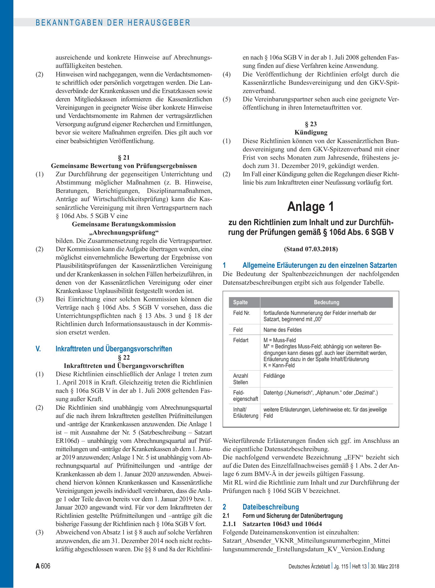 Vorschauseite 1: Anlage 1 zu den Richtlinien zum Inhalt und zur Durchführung der Prüfungen gemäß § 106d Abs. 6 SGB V – Deutsches Ärzteblatt