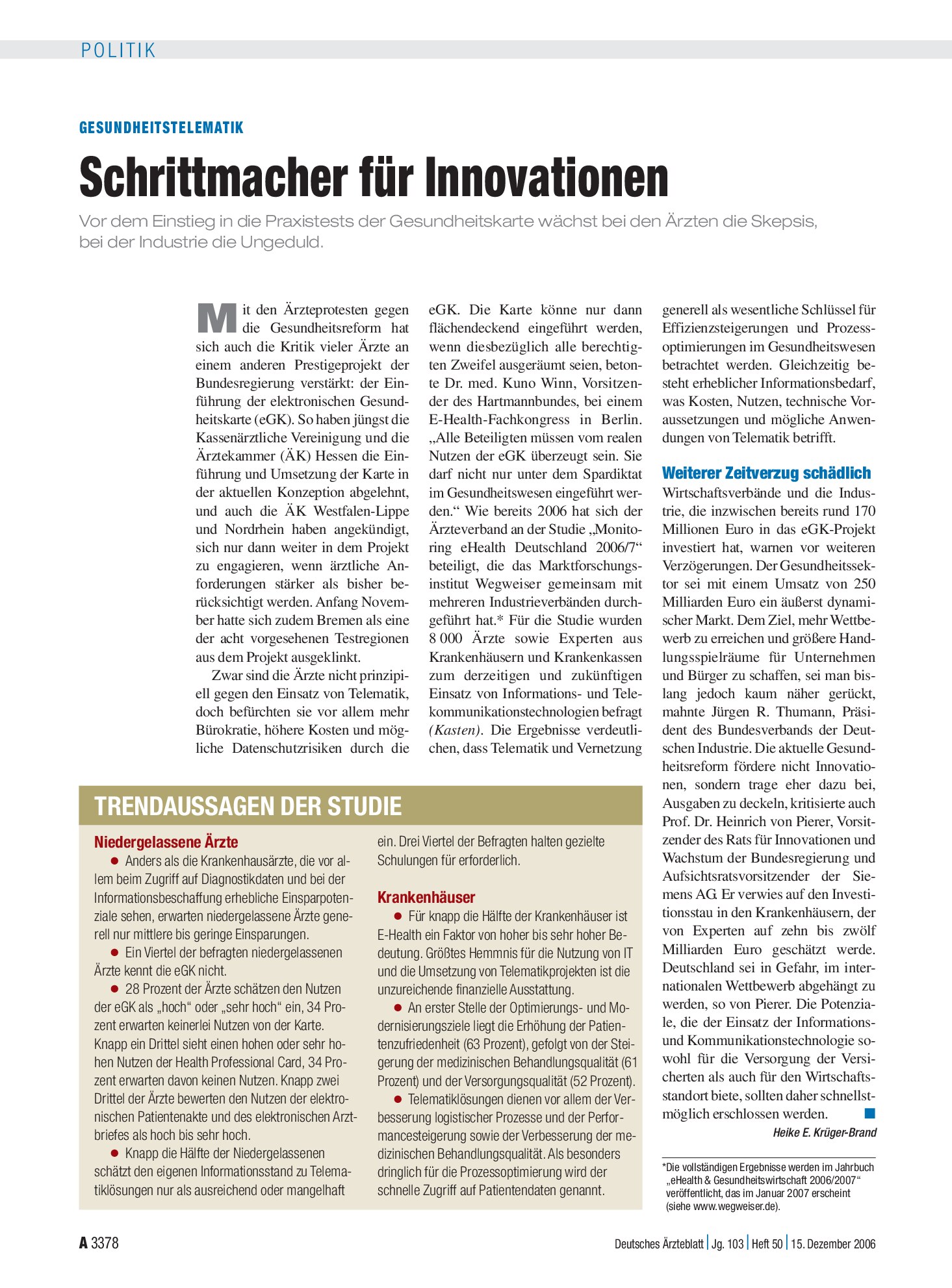 Vorschauseite 1: Gesundheitstelematik: Schrittmacher für Innovationen – Deutsches Ärzteblatt