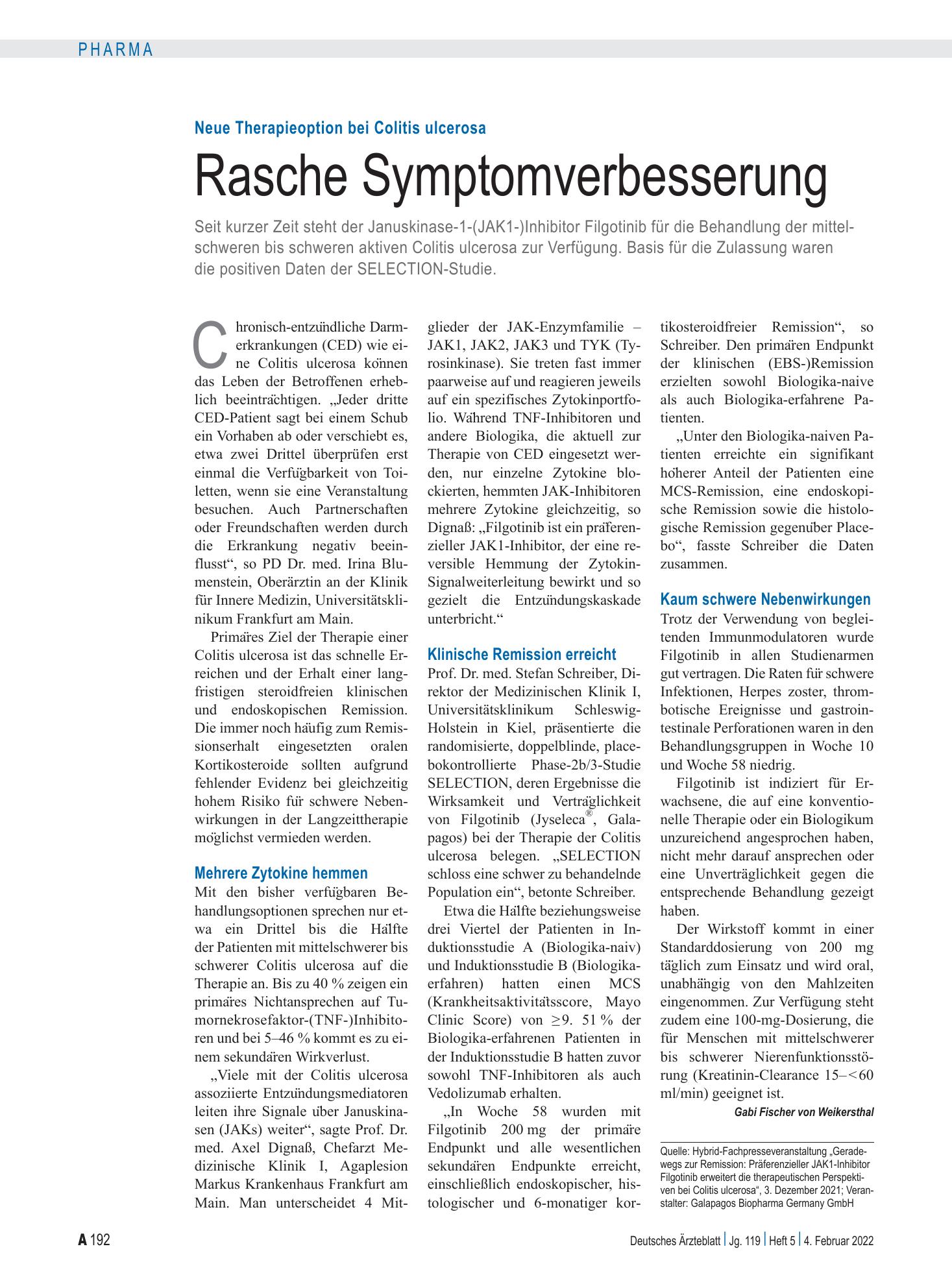 Vorschauseite 1: Neue Therapieoption bei Colitis ulcerosa: Rasche Symptomverbesserung – Deutsches Ärzteblatt