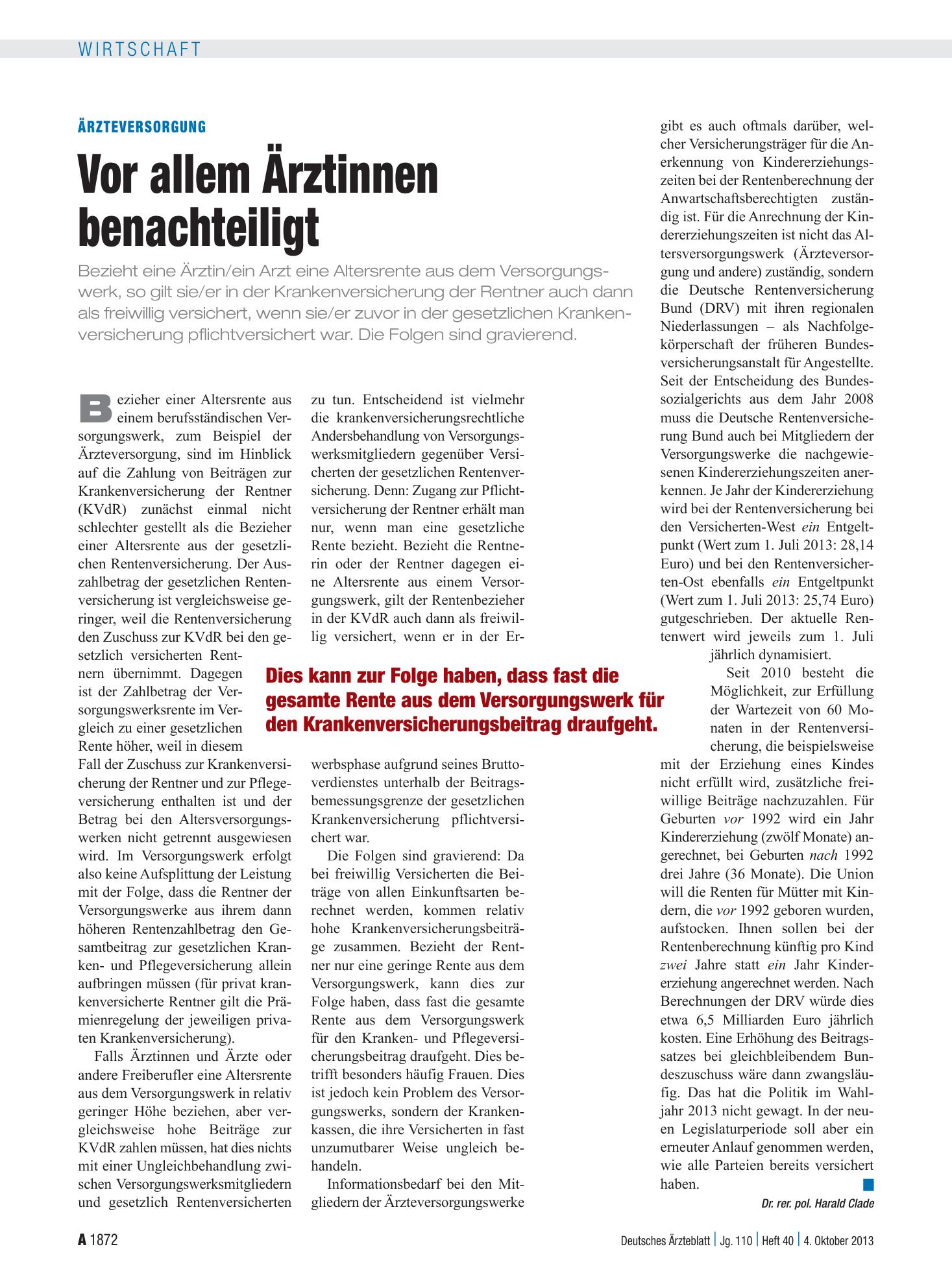 Vorschauseite 1: Ärzteversorgung: Vor allem Ärztinnen benachteiligt – Deutsches Ärzteblatt