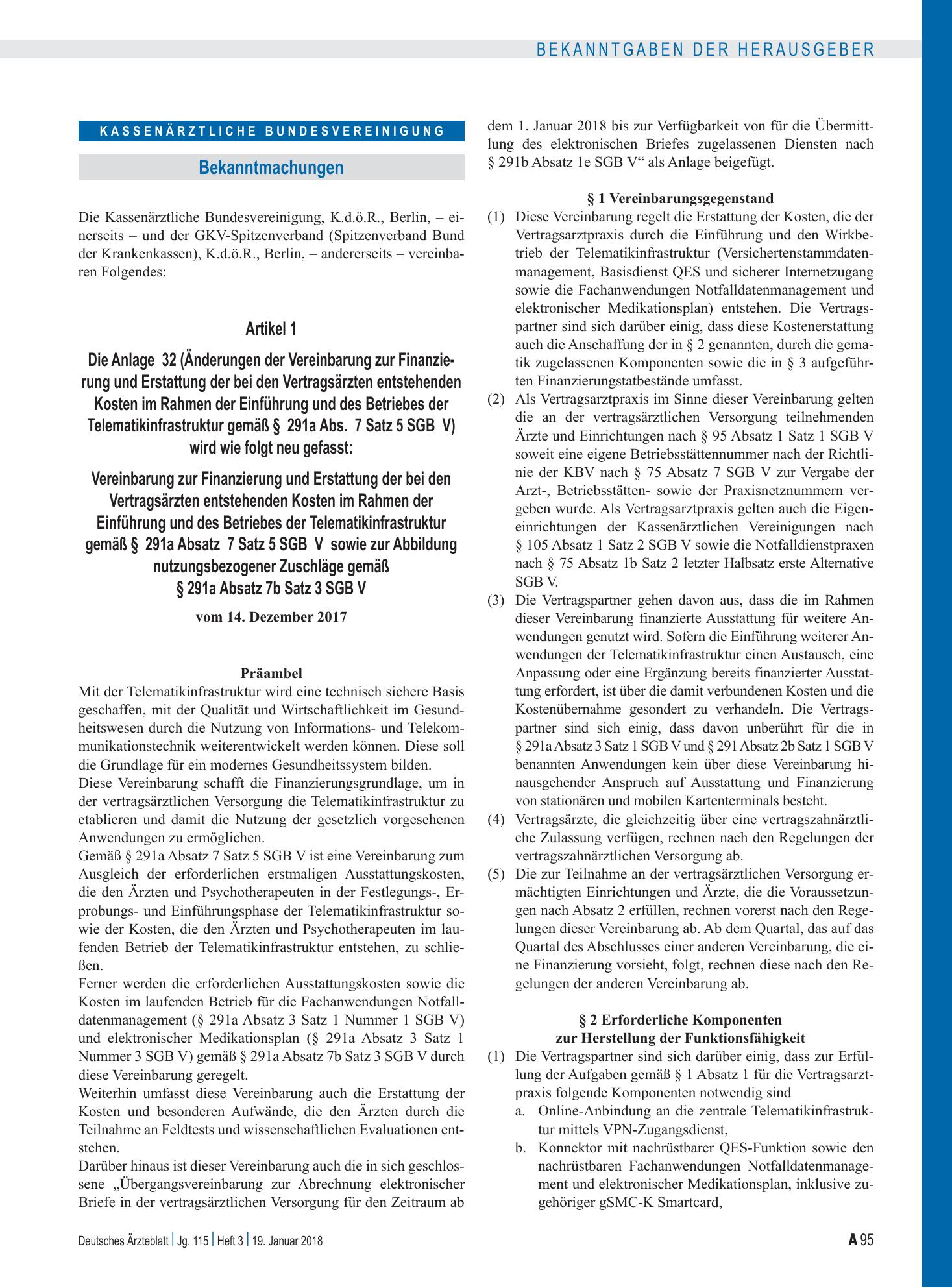 Vorschauseite 1: Vereinbarung zur Finanzierung und Erstattung der bei den Vertragsärzten entstehenden Kosten im Rahmen der Einführung und des Betriebes der Telematikinfrastruktur sowie zur Abbildu…