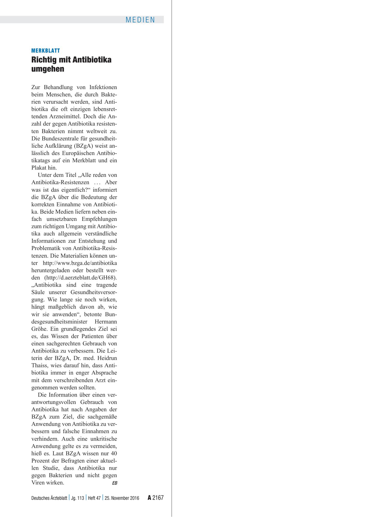 Vorschauseite 1: Merkblatt: Richtig mit Antibiotika umgehen – Deutsches Ärzteblatt