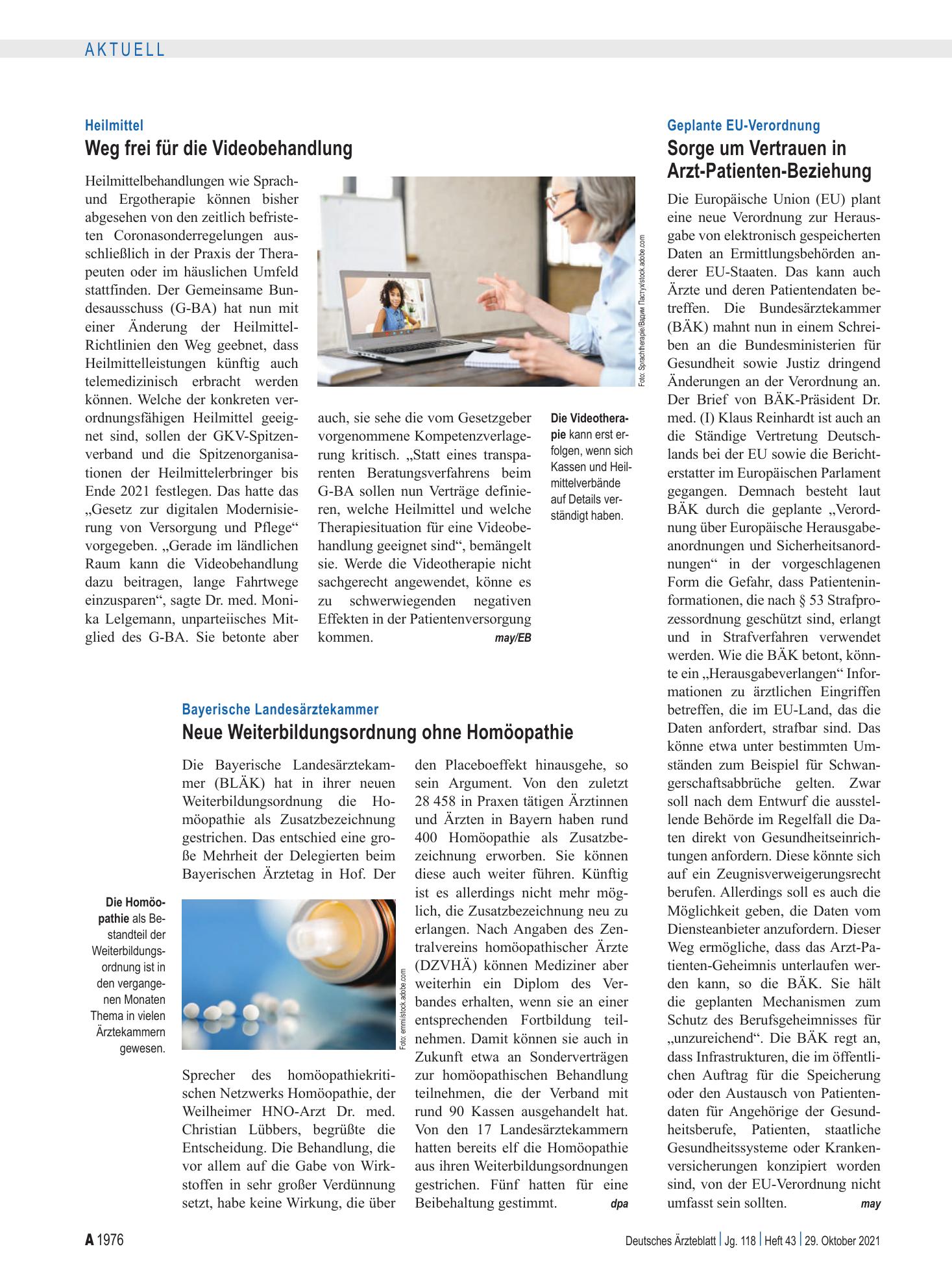 Vorschauseite 1: Heilmittel: Weg frei für die Videobehandlung – Deutsches Ärzteblatt