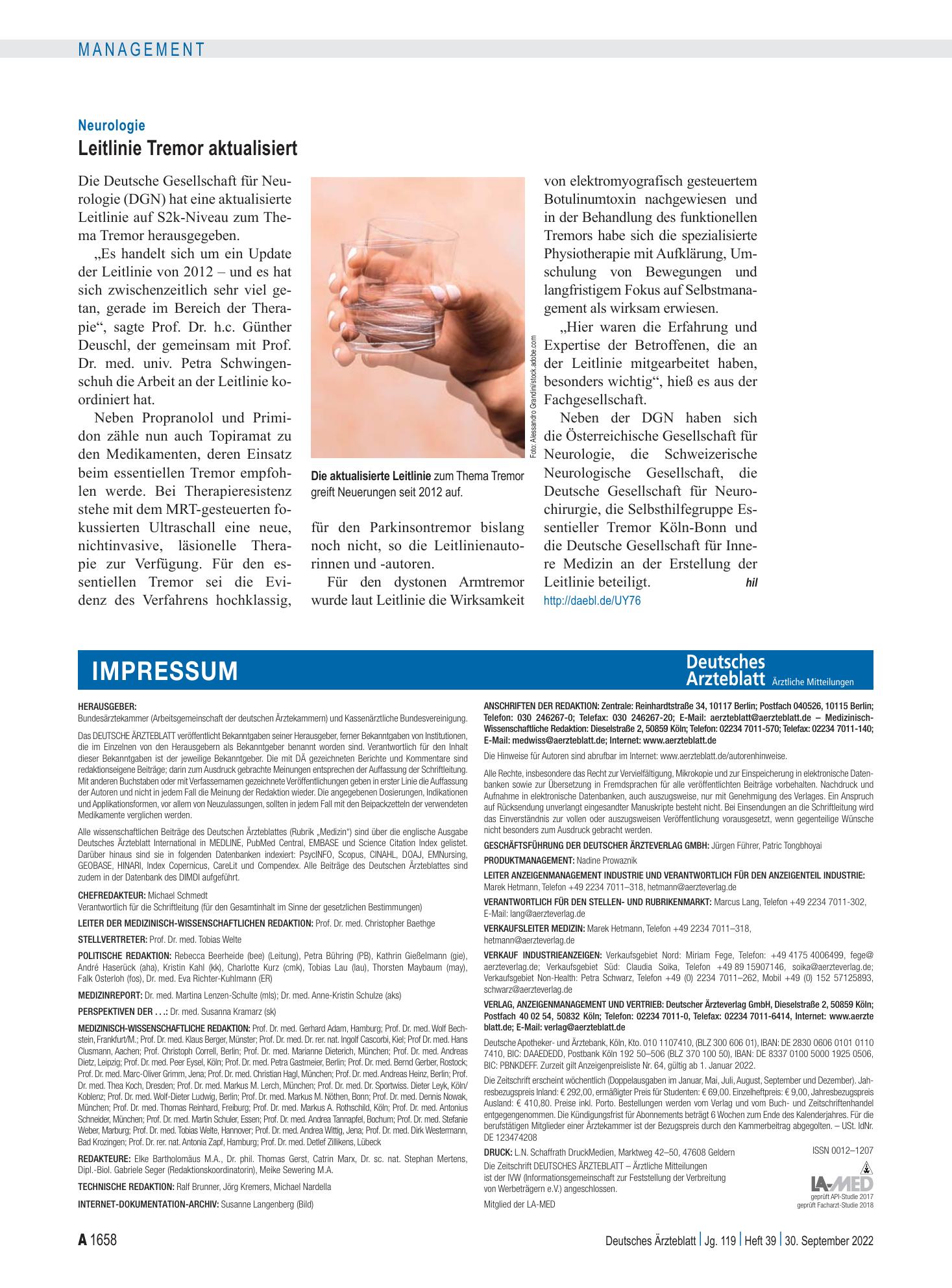Vorschauseite 1: Neurologie: Leitlinie Tremor aktualisiert – Deutsches Ärzteblatt