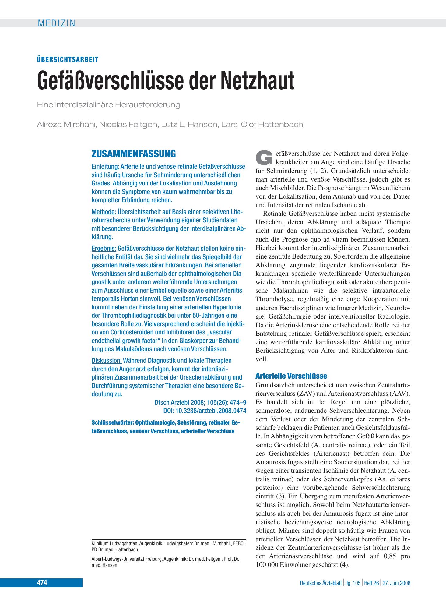 Vorschauseite 1: Gefäßverschlüsse der Netzhaut – Deutsches Ärzteblatt