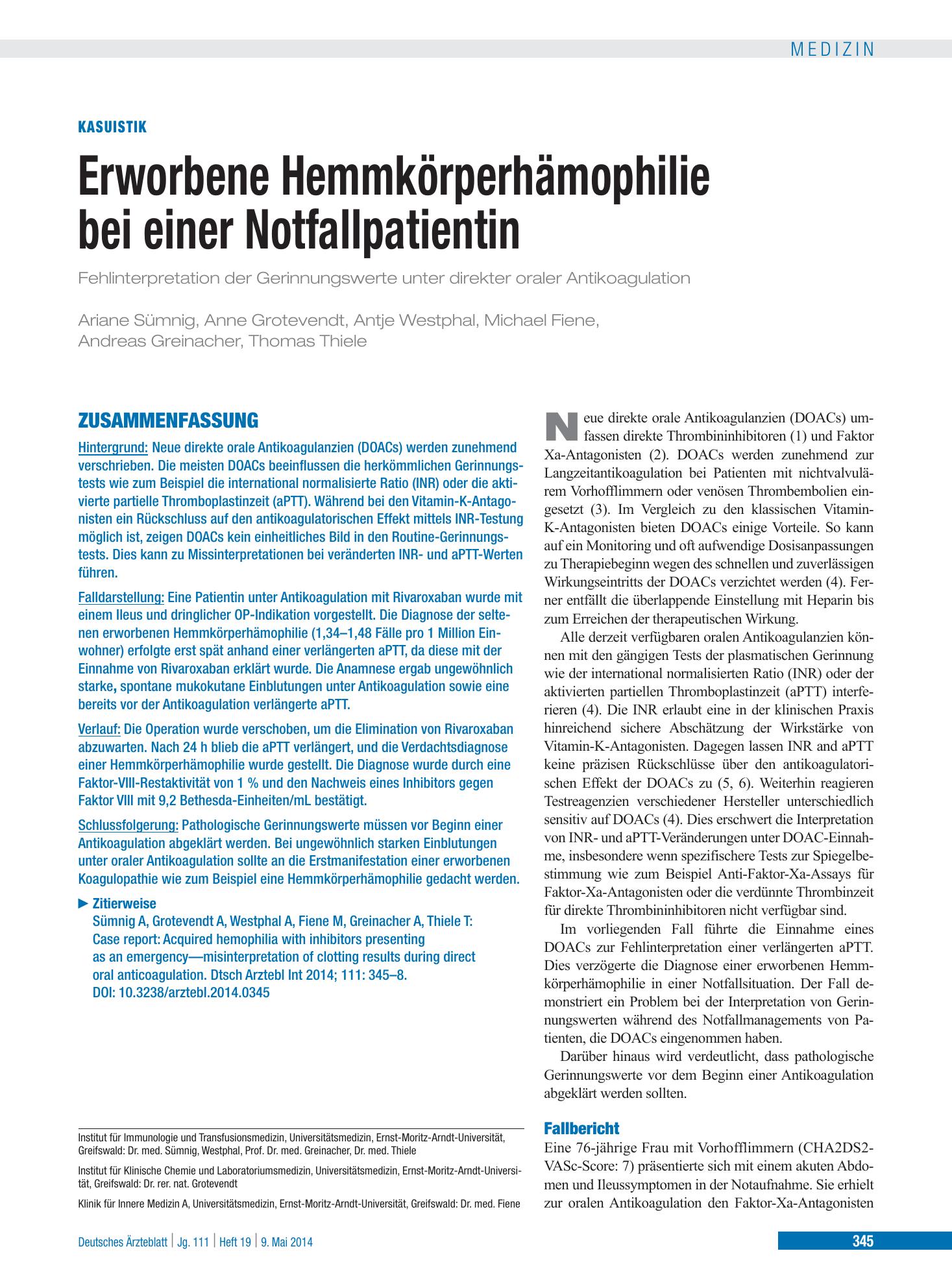 Vorschauseite 1: Erworbene Hemmkörperhämophilie bei einer Notfallpatientin – Deutsches Ärzteblatt
