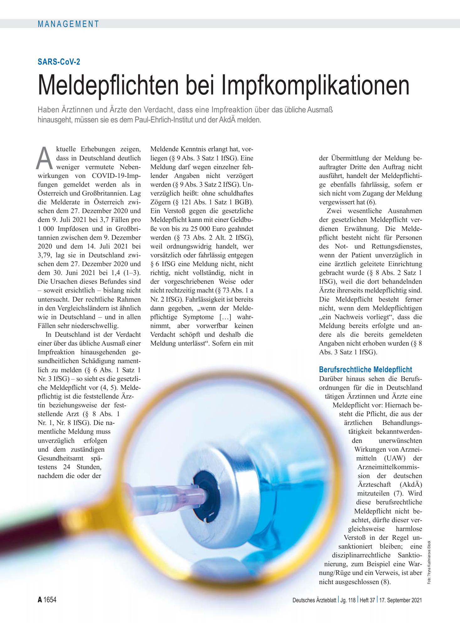 Vorschauseite 1: SARS-CoV-2: Meldepflichten bei Impfkomplikationen – Deutsches Ärzteblatt
