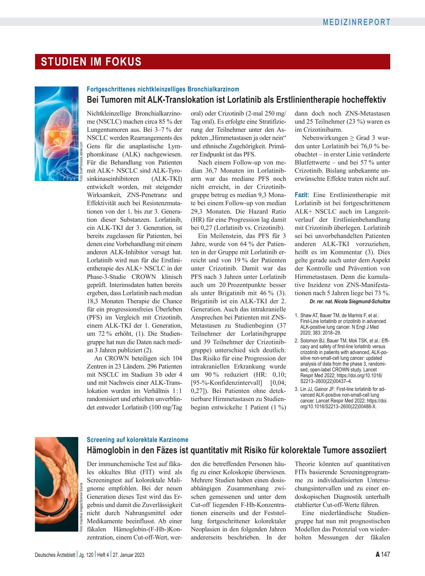 Vorschauseite 1: Screening auf kolorektale Karzinome: Hämoglobin in den Fäzes ist quantitativ mit Risiko für kolorektale Tumore assoziiert – Deutsches Ärzteblatt