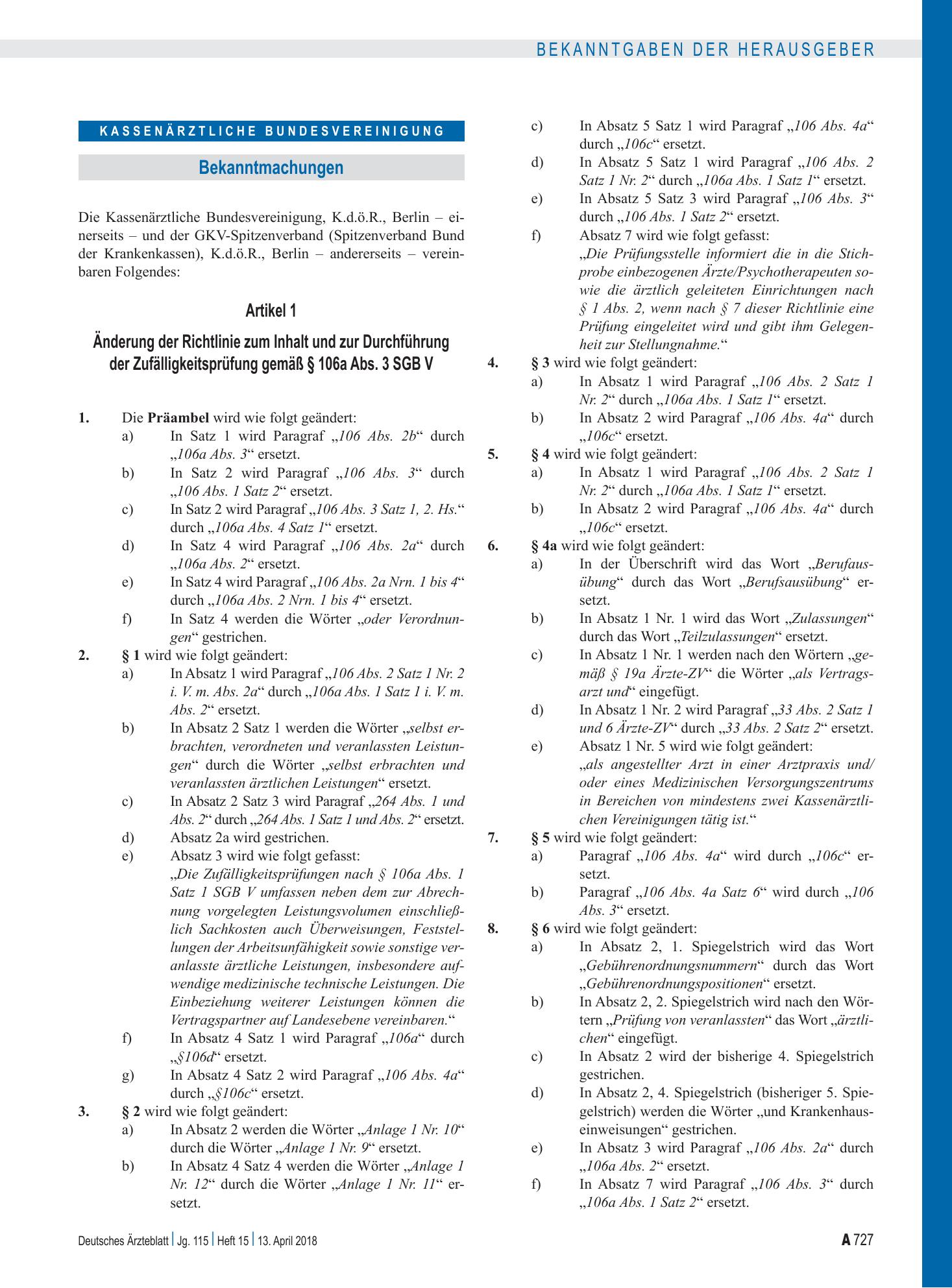 Vorschauseite 1: Artikel 1: Änderung der Richtlinie zum Inhalt und zur Durchführung der Zufälligkeitsprüfung gemäß § 106a Abs. 3 SGB V, Artikel 2, Inkrafttreten – Deutsches Ärzteblatt