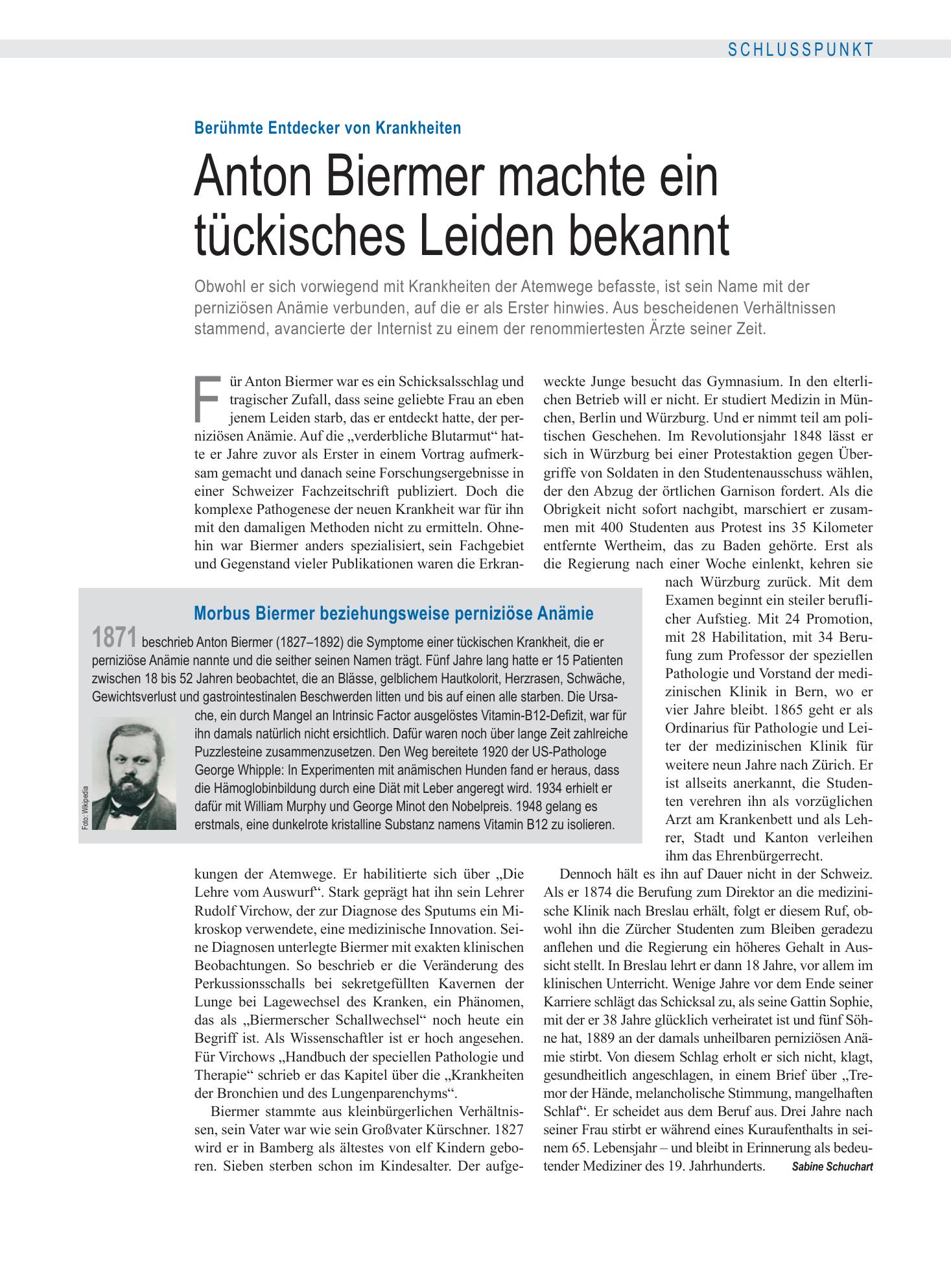 Vorschauseite 1: Berühmte Entdecker von Krankheiten: Anton Biermer machte ein tückisches Leiden bekannt – Deutsches Ärzteblatt