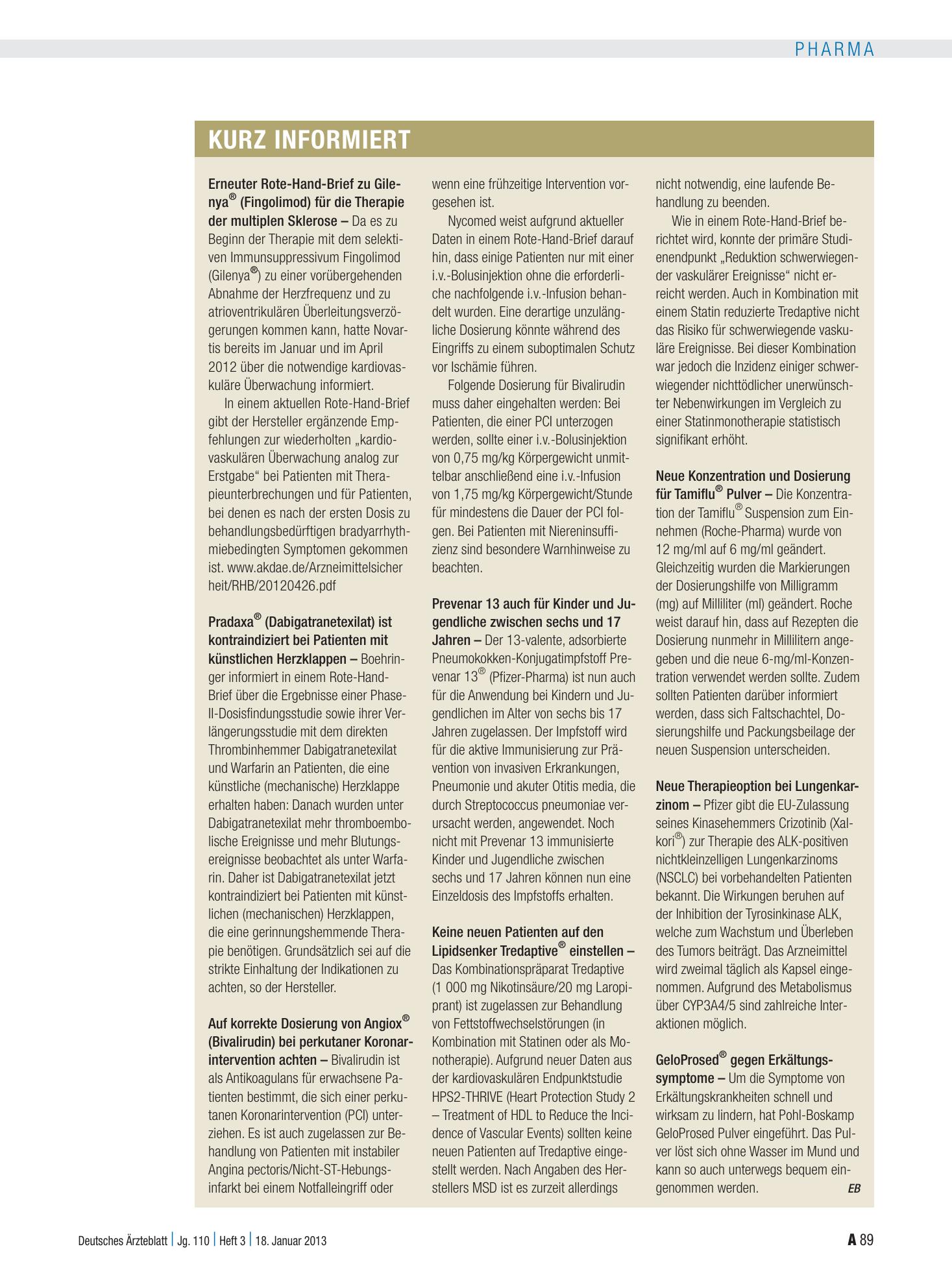 Vorschauseite 1: Kurz informiert – Deutsches Ärzteblatt