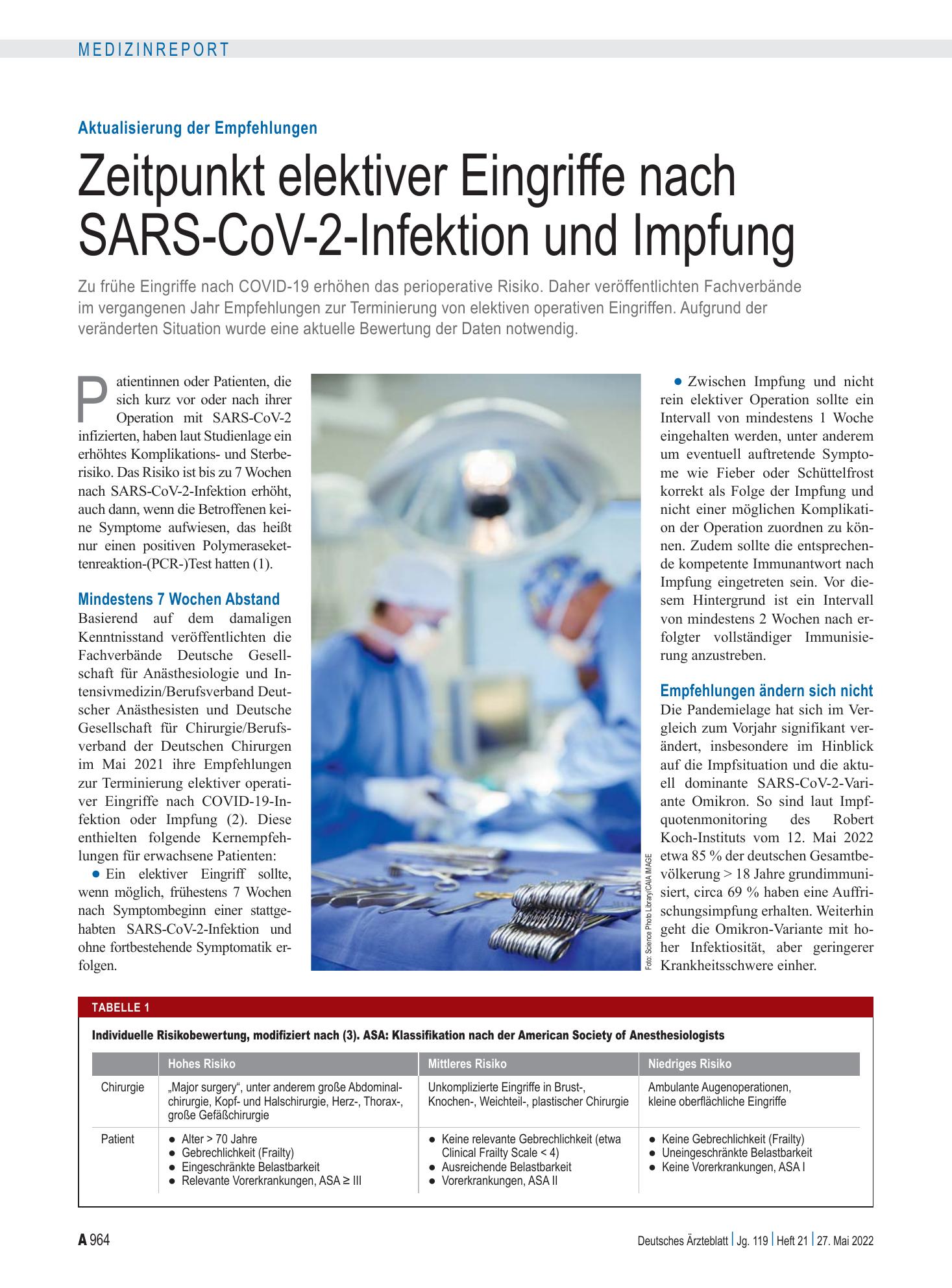 Vorschauseite 1: Aktualisierung der Empfehlungen: Zeitpunkt elektiver Eingriffe nach SARS-CoV-2-Infektion und Impfung – Deutsches Ärzteblatt