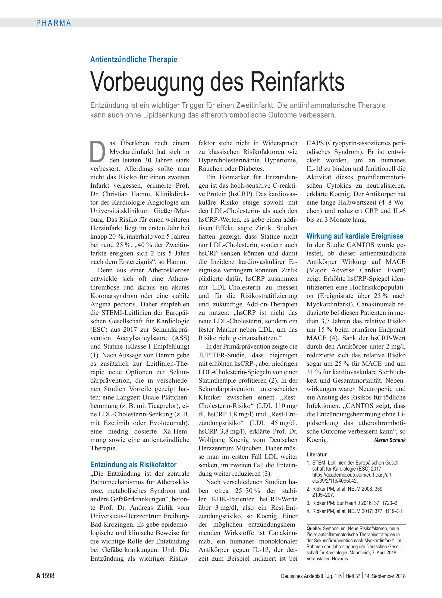 Vorschauseite 1: Antientzündliche Therapie: Vorbeugung des Reinfarkts – Deutsches Ärzteblatt