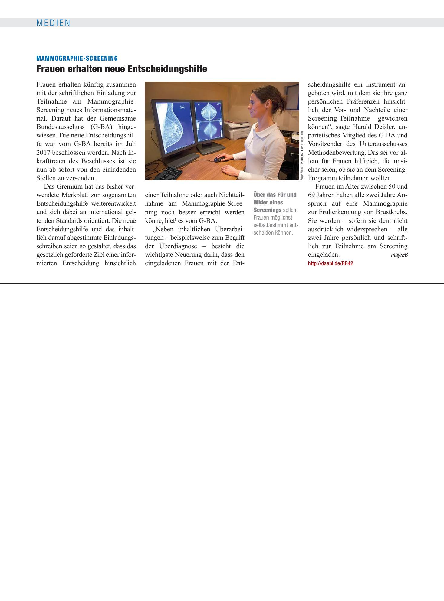 Vorschauseite 1: Mammographie-Screening: Frauen erhalten neue Entscheidungshilfe – Deutsches Ärzteblatt