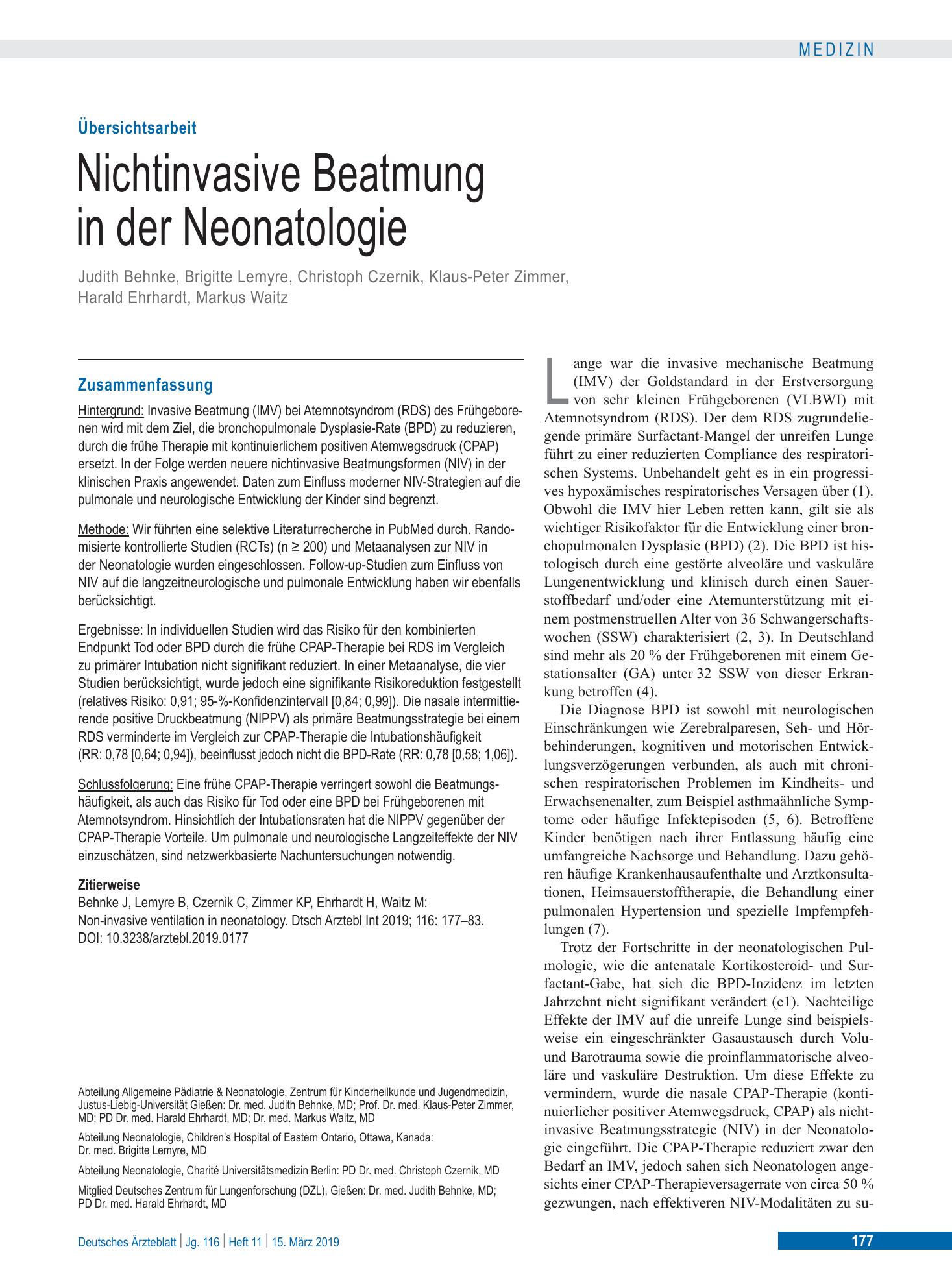 Vorschauseite 1: Nichtinvasive Beatmung in der Neonatologie – Deutsches Ärzteblatt