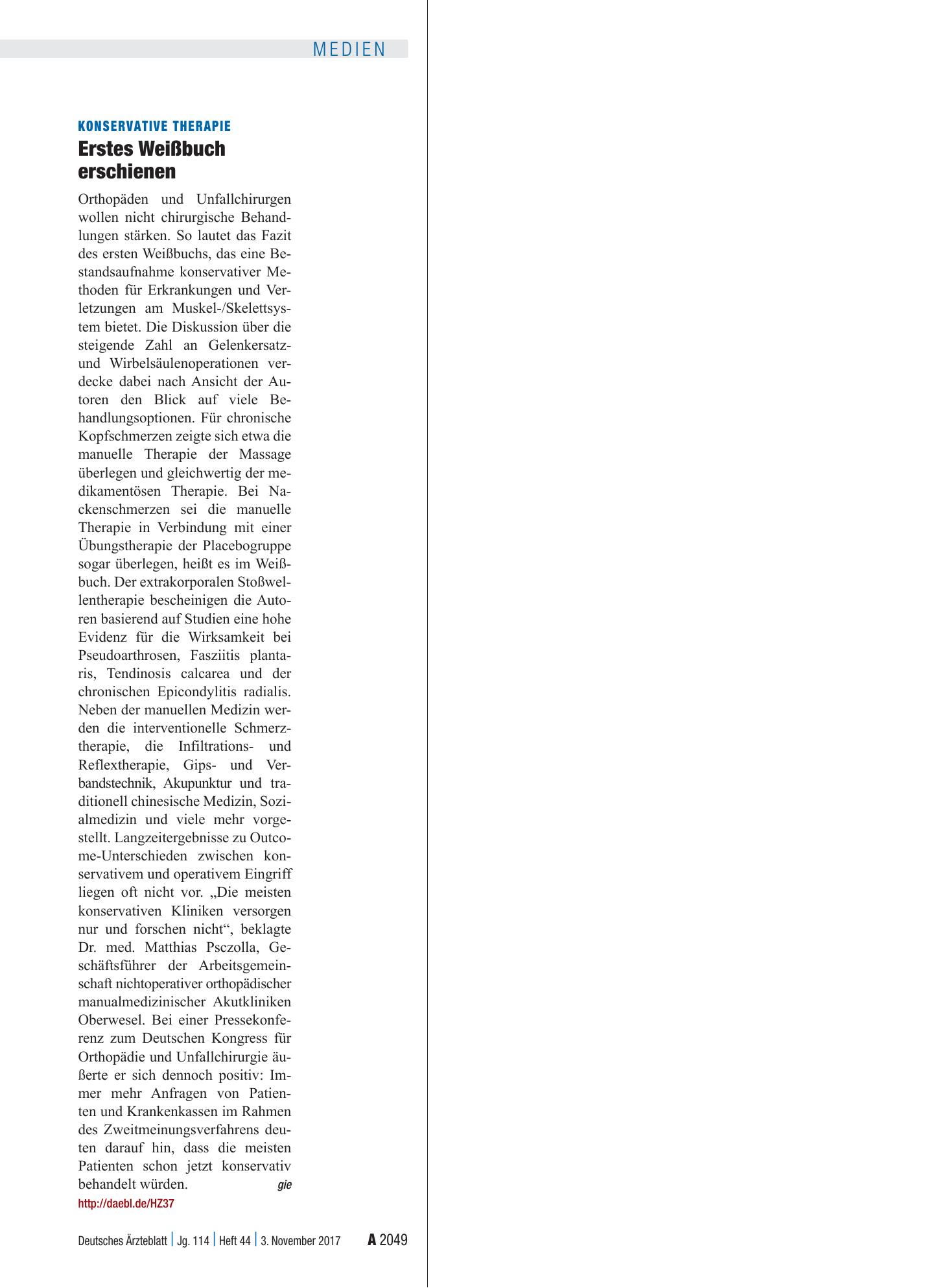 Vorschauseite 1: Konservative Therapie: Erstes Weißbuch erschienen – Deutsches Ärzteblatt