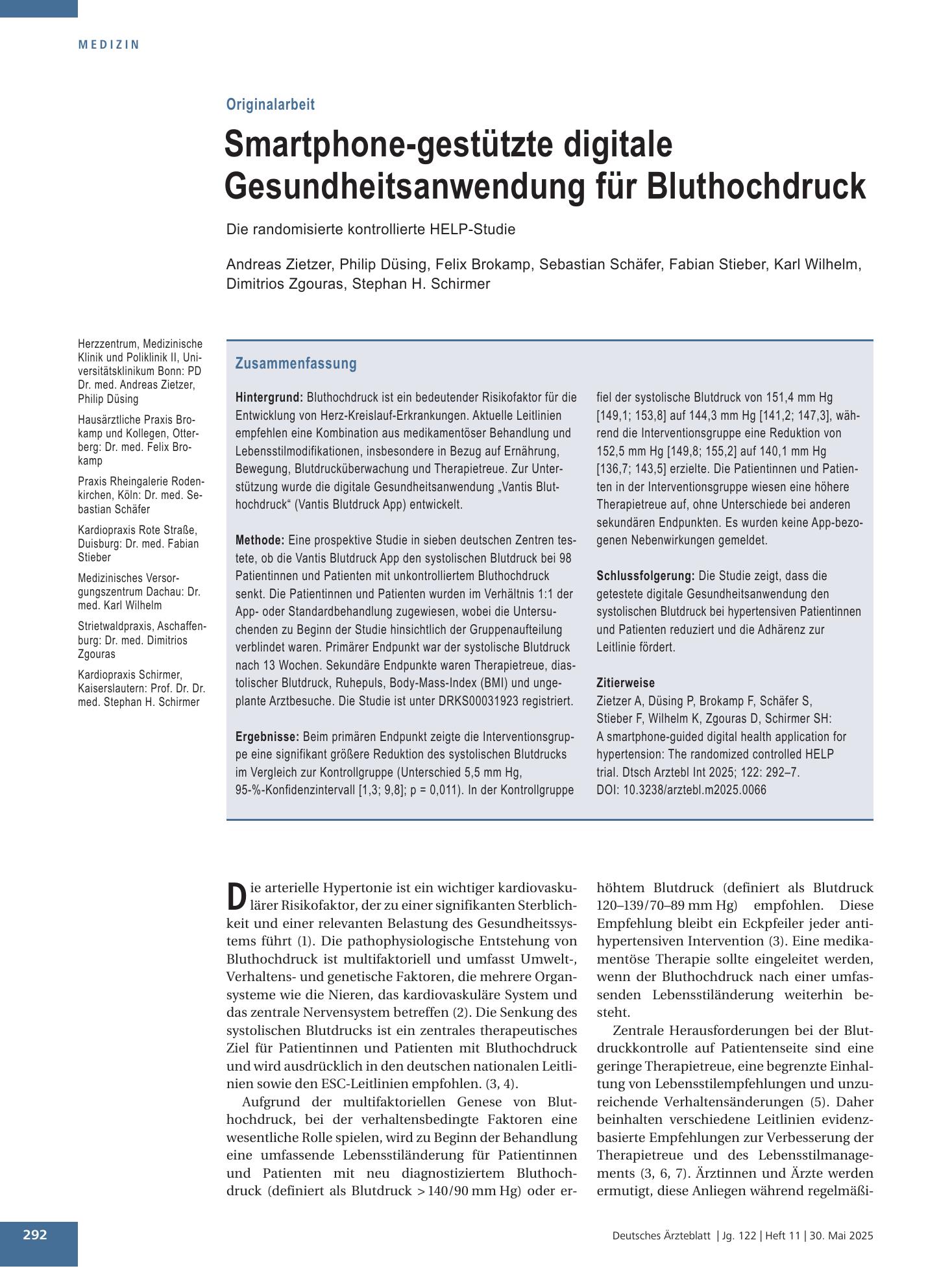 Vorschauseite 1: Smartphone-gestützte digitale Gesundheitsanwendung für Bluthochdruck – Deutsches Ärzteblatt