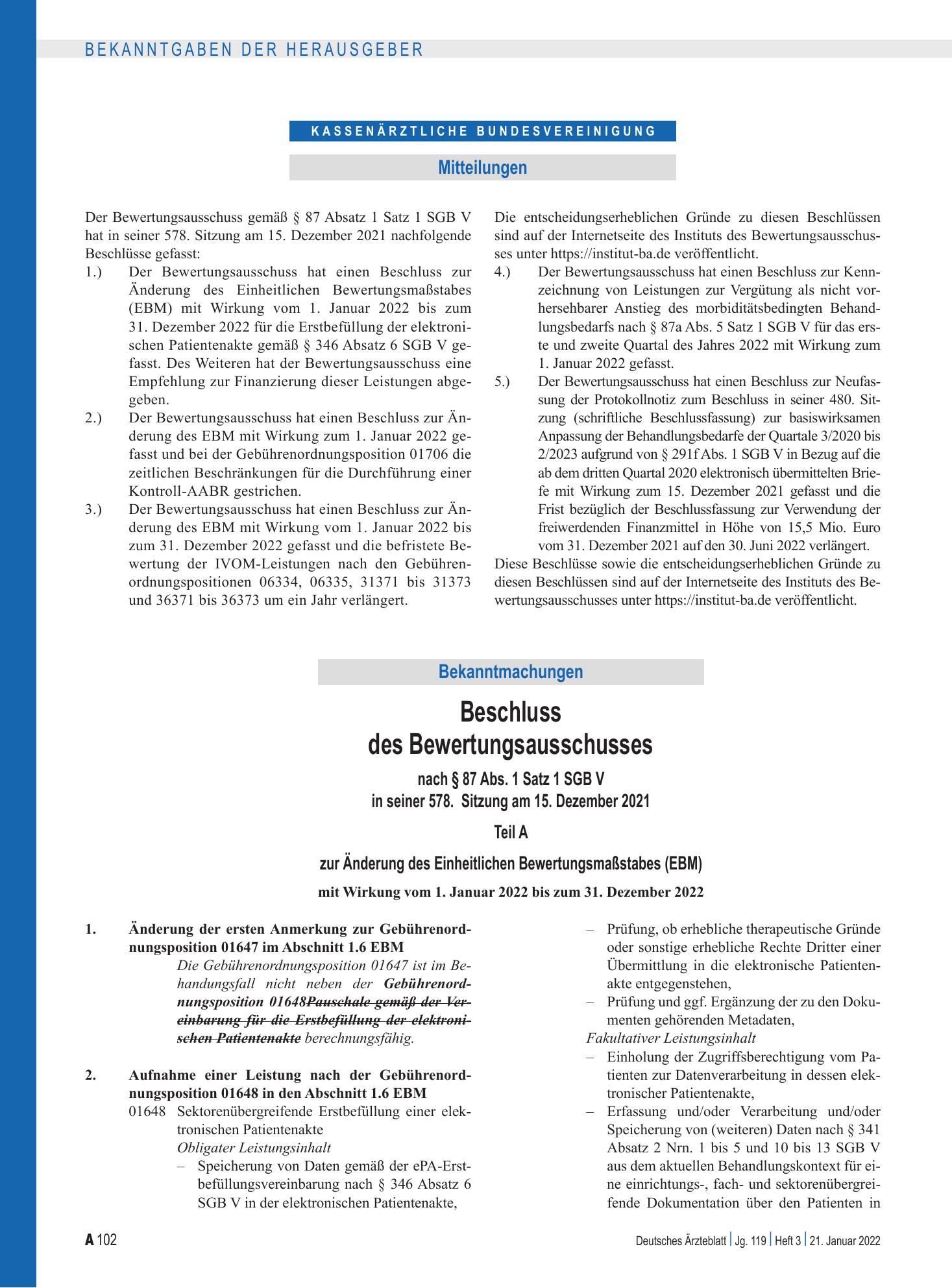 Vorschauseite 1: Beschluss des Bewertungsausschusses nach § 87 Abs. 1 Satz 1 SGB V in seiner 578. Sitzung am 15. Dezember 2021 – Deutsches Ärzteblatt