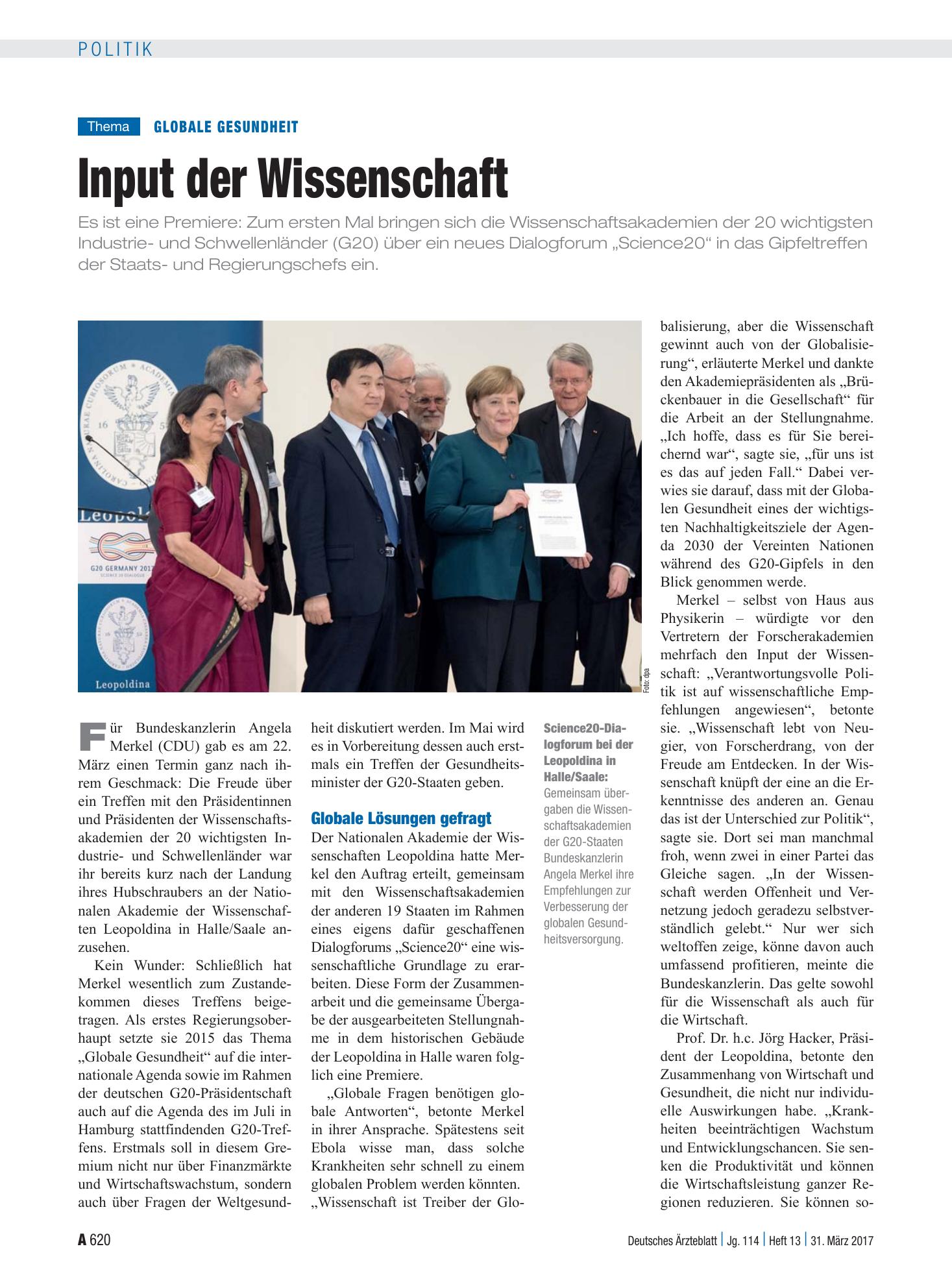 Vorschauseite 1: Globale Gesundheit: Input der Wissenschaft – Deutsches Ärzteblatt