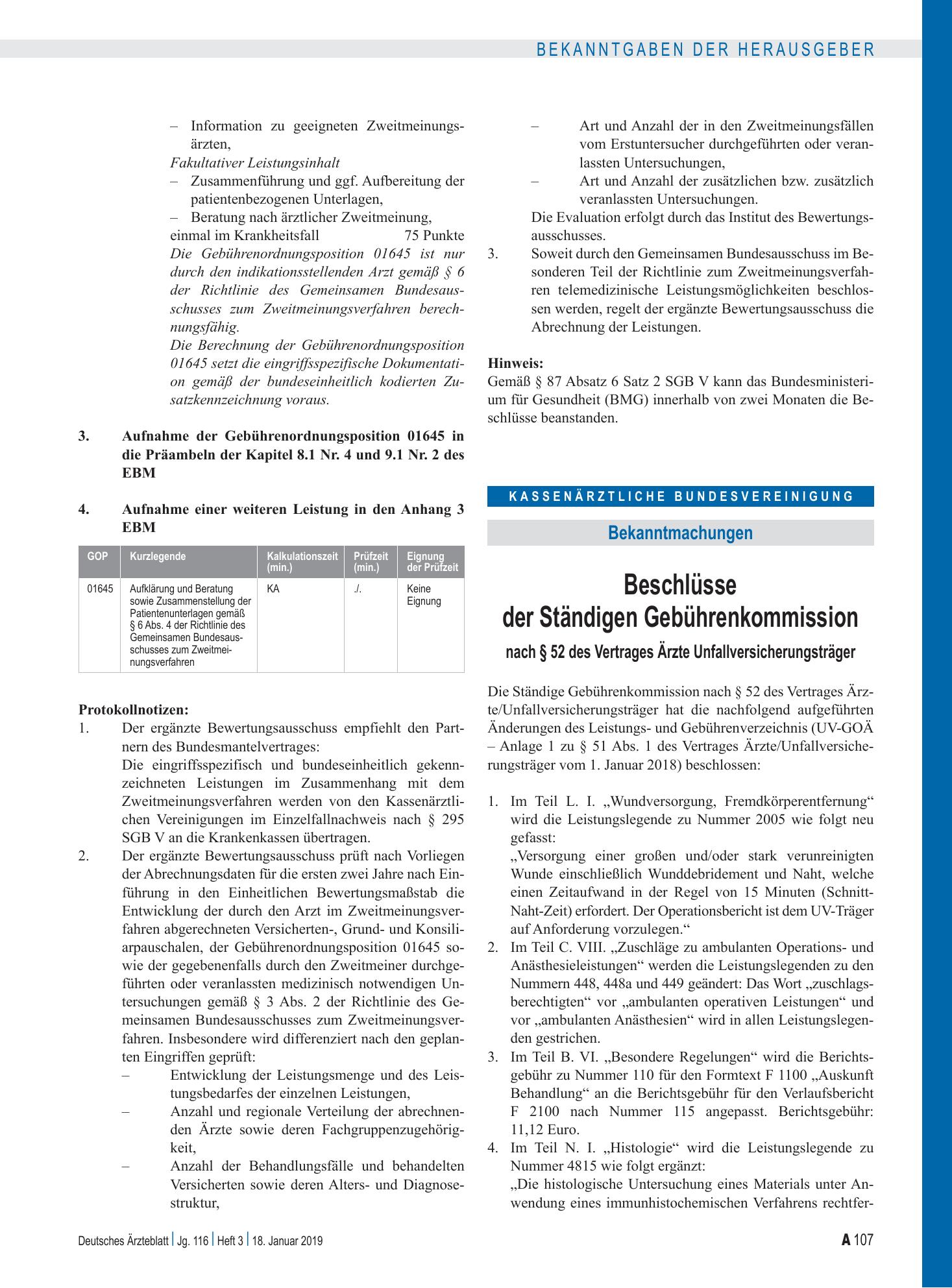 Vorschauseite 1: Beschlüsse der Ständigen Gebührenkommission nach § 52 des Vertrages Ärzte Unfallversicherungsträger – Deutsches Ärzteblatt