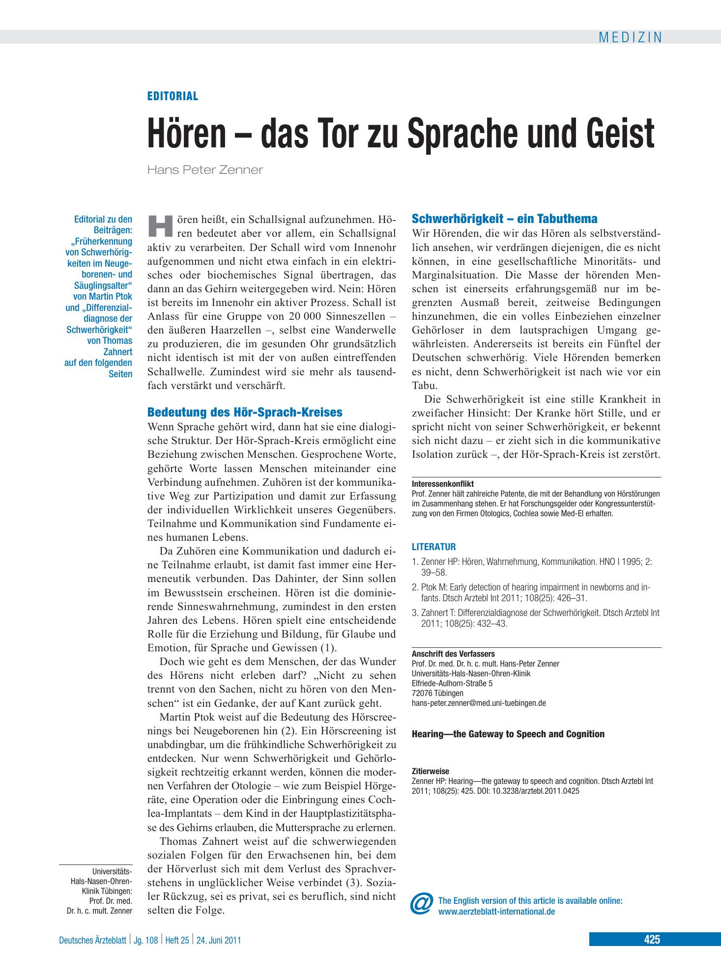 Vorschauseite 1: Differenzialdiagnose der Schwerhörigkeit – Deutsches Ärzteblatt