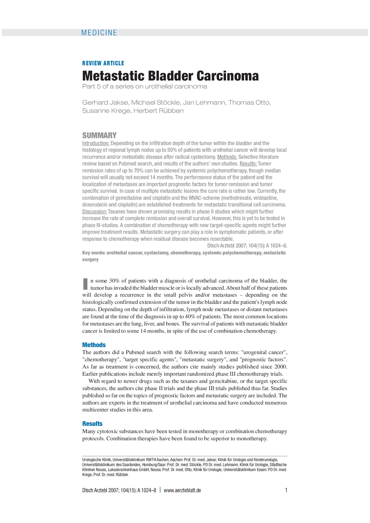 Vorschauseite 1: Metastasiertes Harnblasenkarzinom – Deutsches Ärzteblatt
