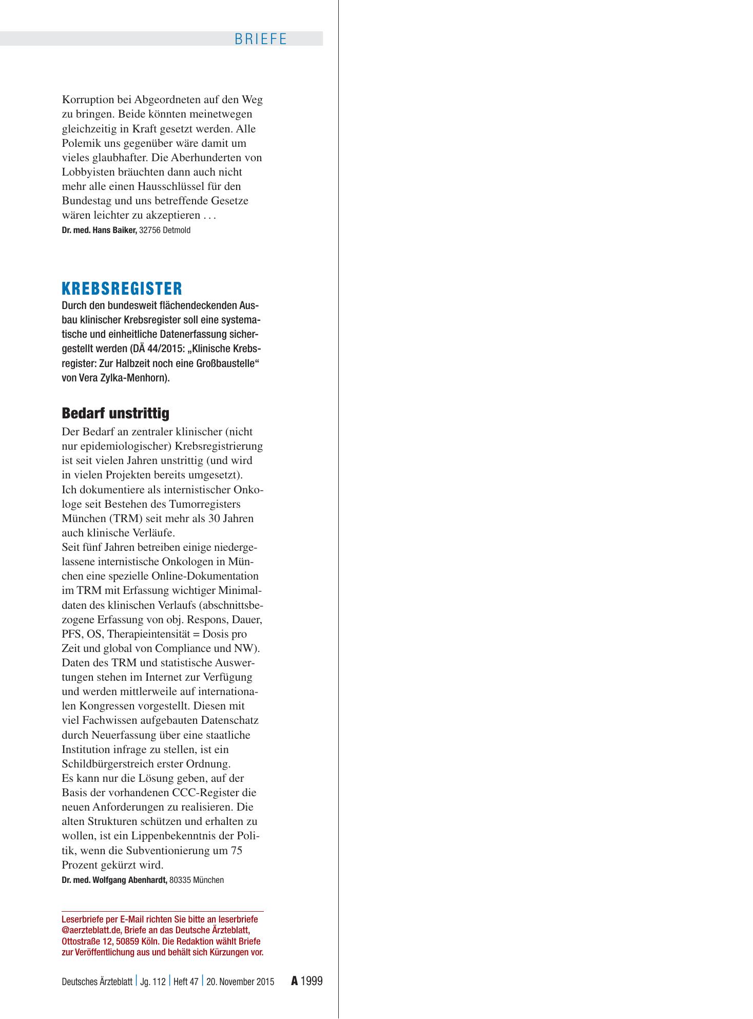 Vorschauseite 1: Krebsregister: Bedarf unstrittig – Deutsches Ärzteblatt