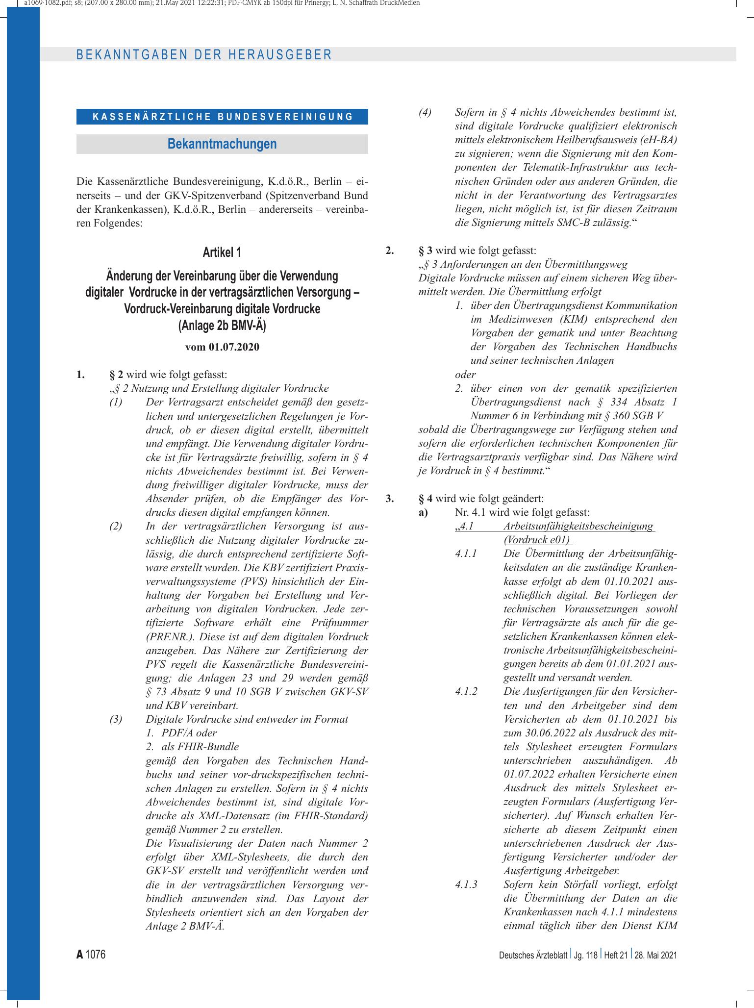 Vorschauseite 1: Änderung der Vereinbarung über die Verwendung digitaler Vordrucke in der vertragsärztlichen Versorgung – Vordruck-Vereinbarung digitale Vordrucke (Anlage 2b BMV-Ä) – Deutsches Ärz…