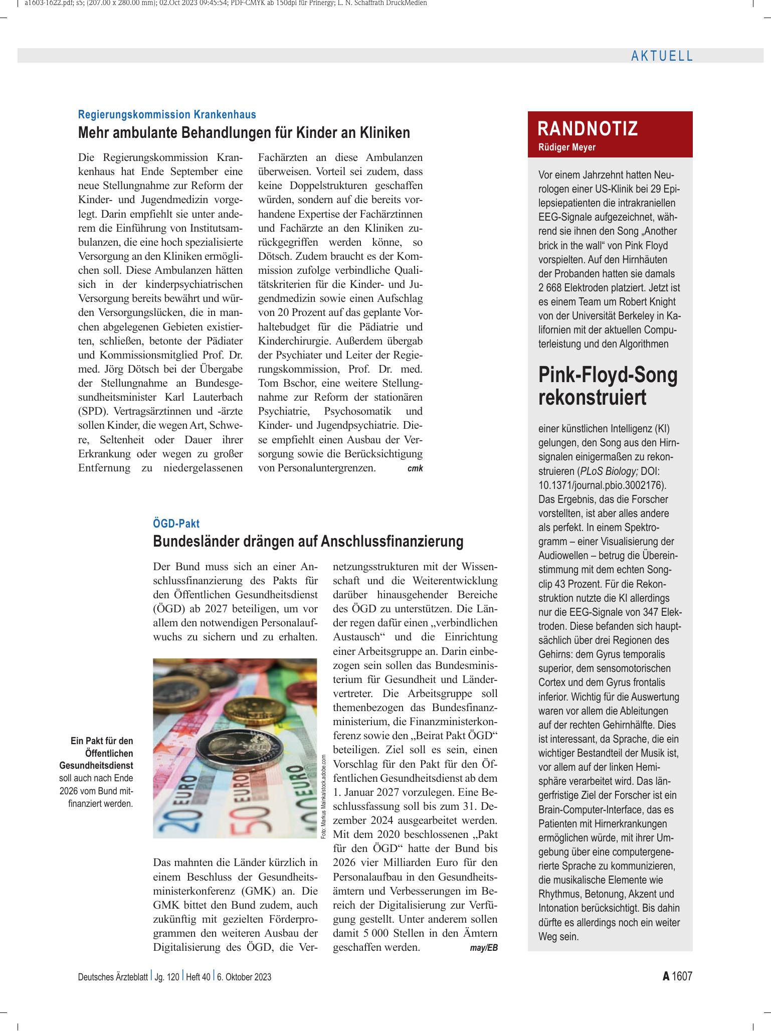 Vorschauseite 1: Randnotiz: Pink-Floyd-Song rekonstruiert – Deutsches Ärzteblatt