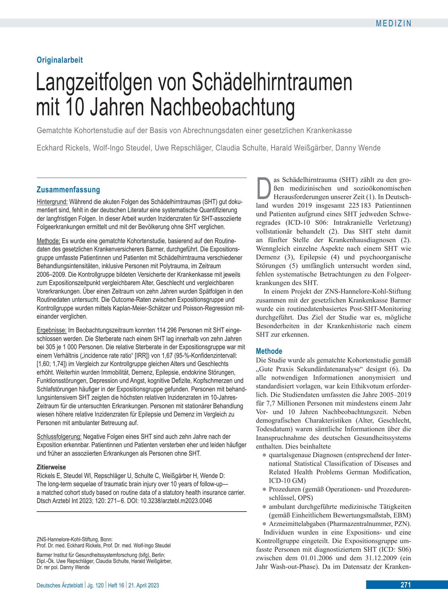 Vorschauseite 1: Langzeitfolgen von Schädelhirntraumen mit 10 Jahren Nachbeobachtung – Deutsches Ärzteblatt