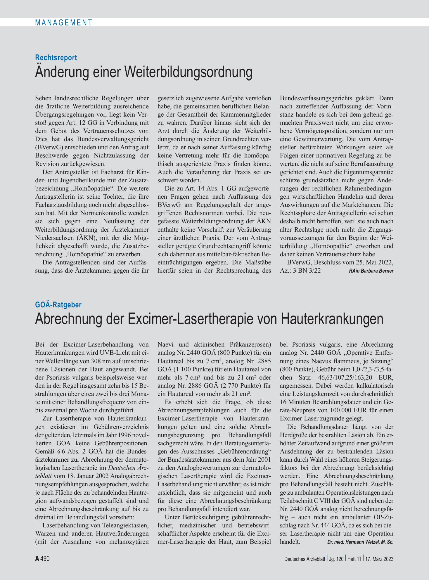 Vorschauseite 1: Rechtsreport: Änderung einer Weiterbildungsordnung – Deutsches Ärzteblatt