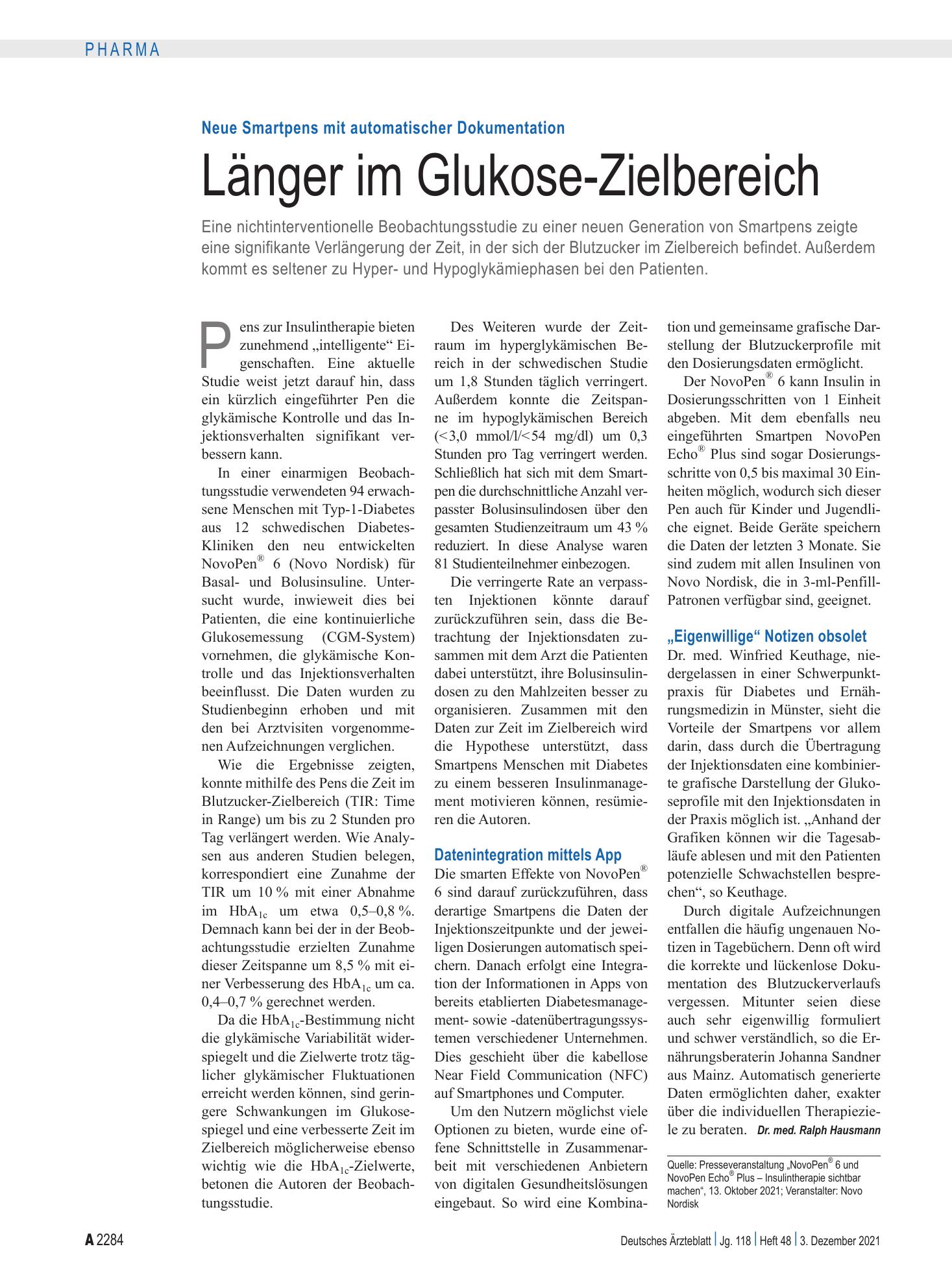 Vorschauseite 1: Neue Smartpens mit automatischer Dokumentation: Länger im Glukose-Zielbereich – Deutsches Ärzteblatt