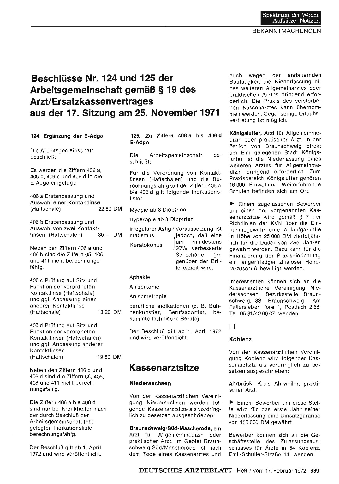 Vorschauseite 1: Beschlüsse Nr. 124 und 125 der Arbeitsgemeinschaft gemäß § 19 des Arzt/Ersatzkassenvertrages aus der 17. Sitzung am 25. November 1971