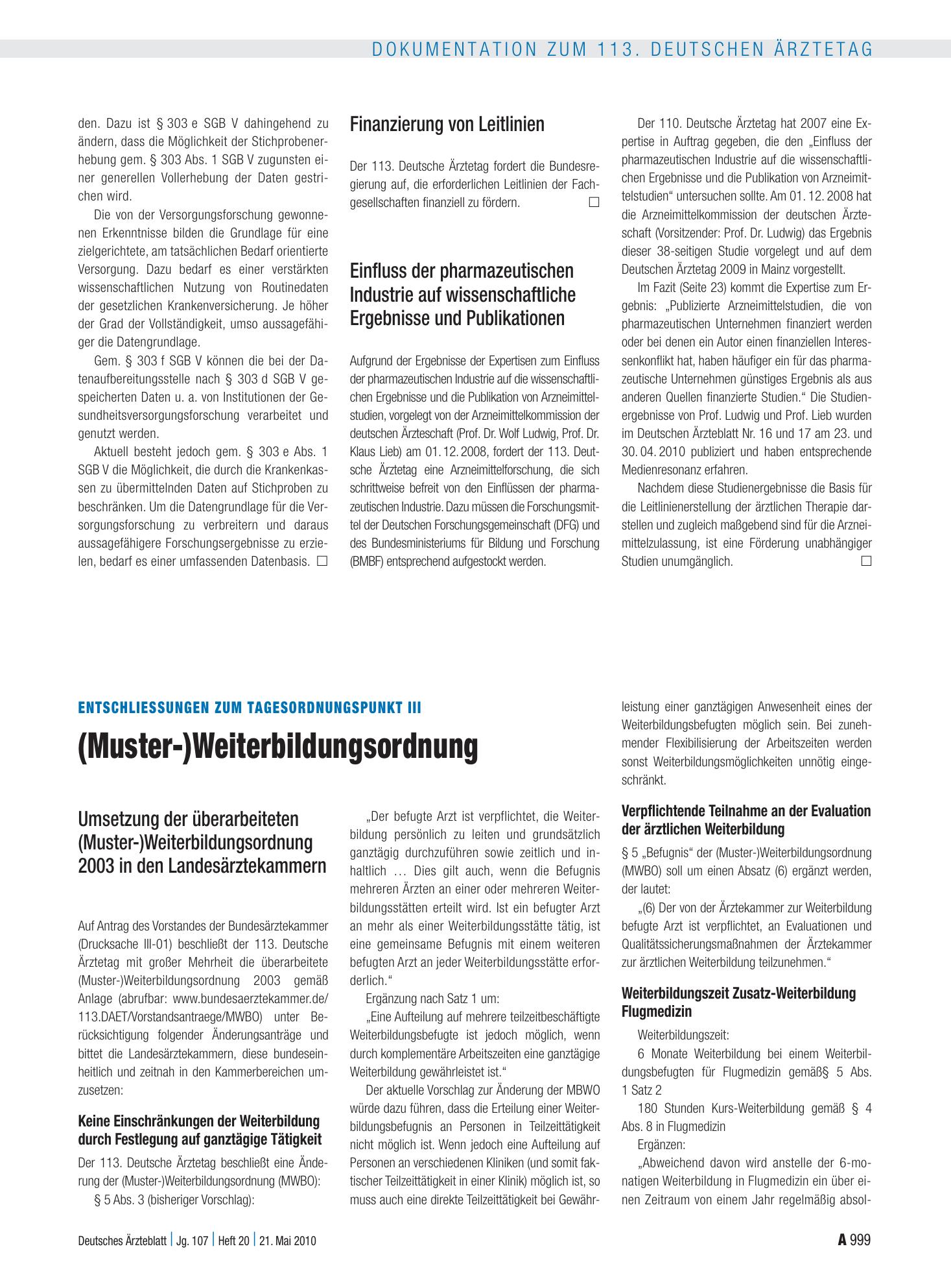 Vorschauseite 1: Entschliessungen zum Tagesordnungspunkt III: (Muster-)Weiterbildungsordnung – Deutsches Ärzteblatt