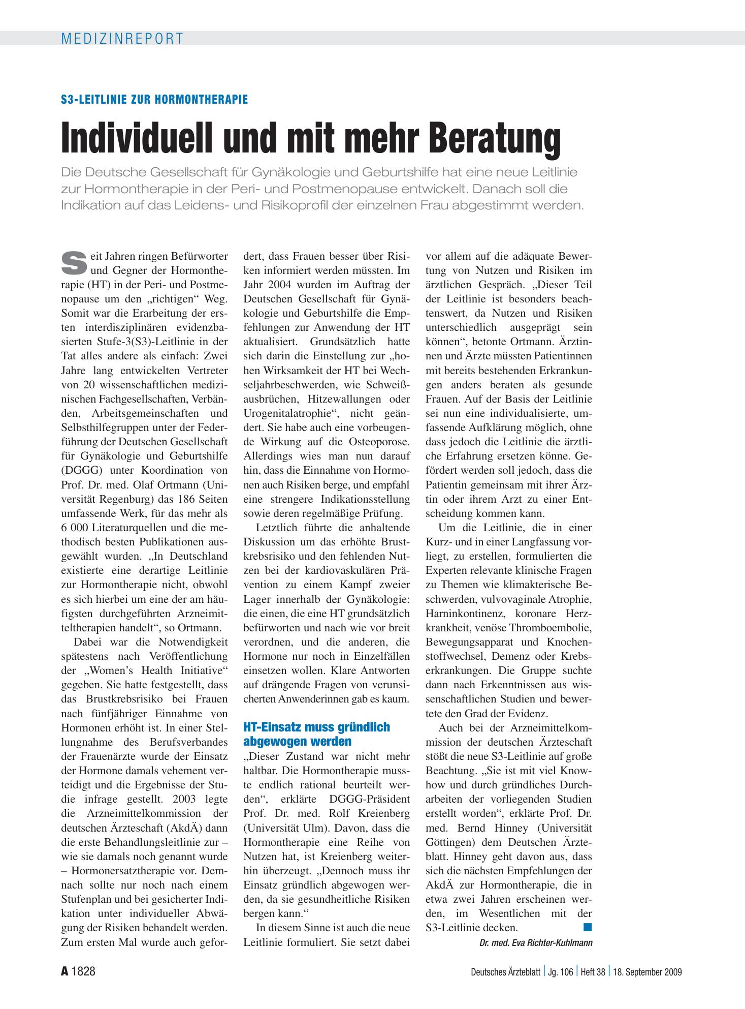 Vorschauseite 1: S3-Leitlinie zur Hormontherapie: Individuell und mit mehr Beratung – Deutsches Ärzteblatt