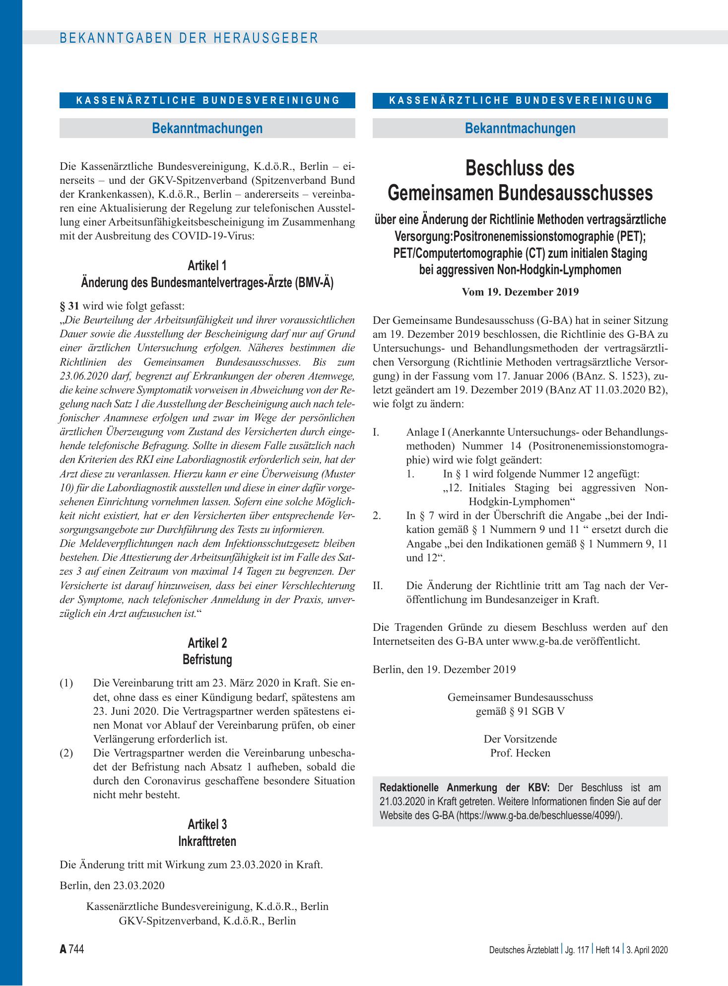 Vorschauseite 1: Beschluss des Gemeinsamen Bundesausschusses über eine Änderung der Richtlinie Methoden vertragsärztliche Versorgung: Positronenemissionstomographie (PET); PET/Computertomographie…