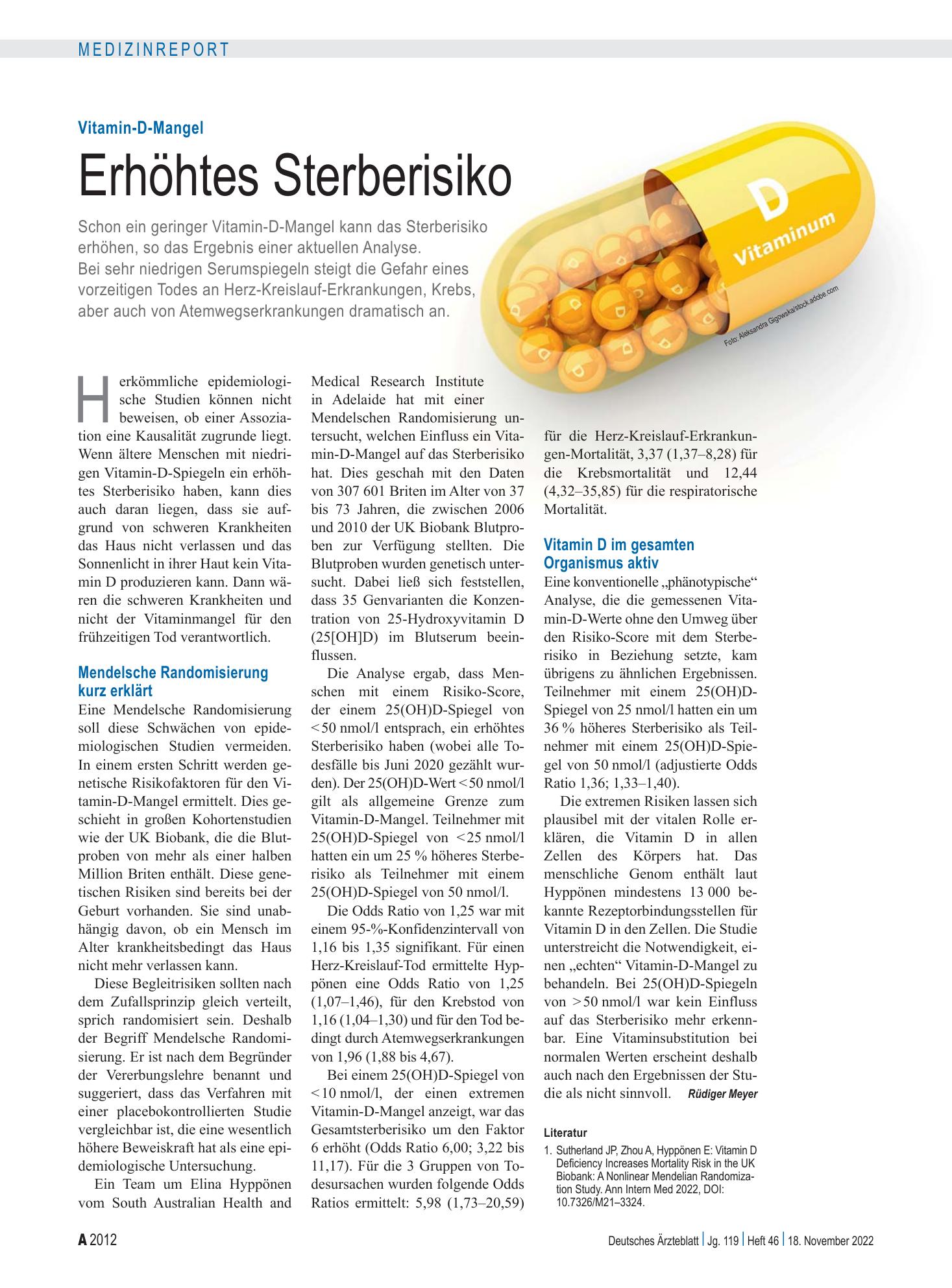 Vorschauseite 1: Vitamin-D-Mangel: Erhöhtes Sterberisiko – Deutsches Ärzteblatt
