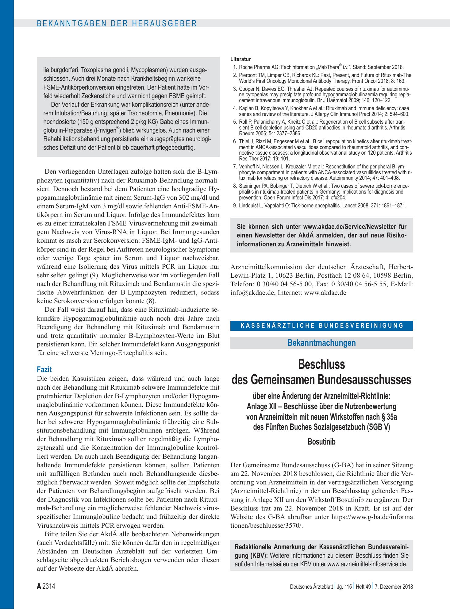 Vorschauseite 1: Beschluss des Gemeinsamen Bundesausschusses über eine Änderung der Arzneimittel-Richtlinie: Anlage XII – Bosutinib – Deutsches Ärzteblatt