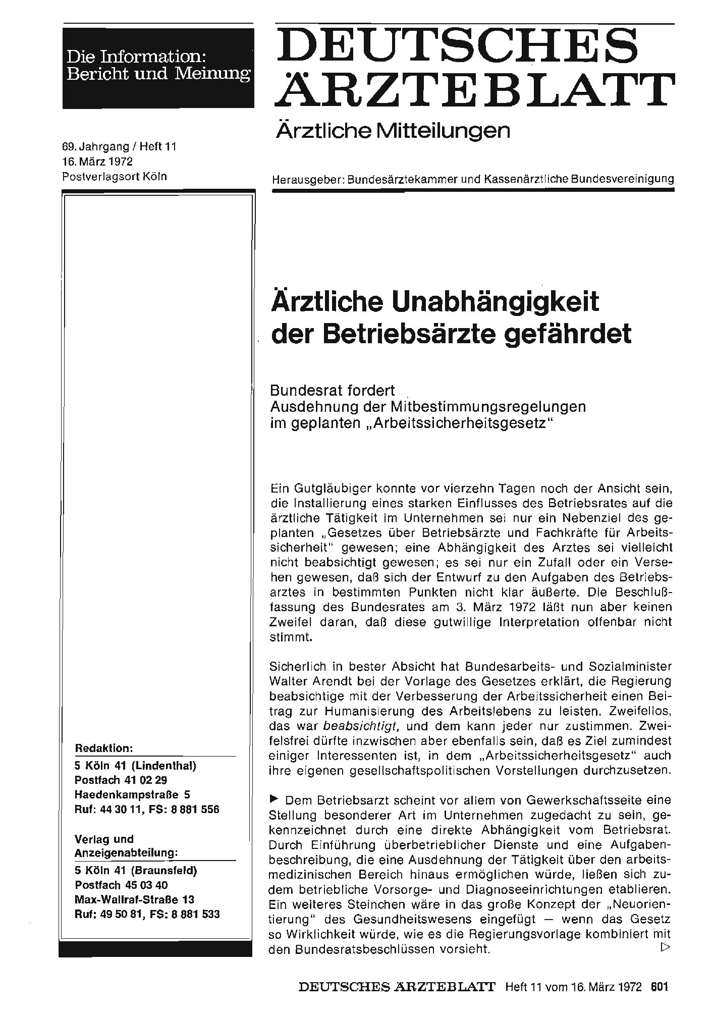 Vorschauseite 1: Ärztliche Unabhängigkeit der Betriebsärzte gefährdet