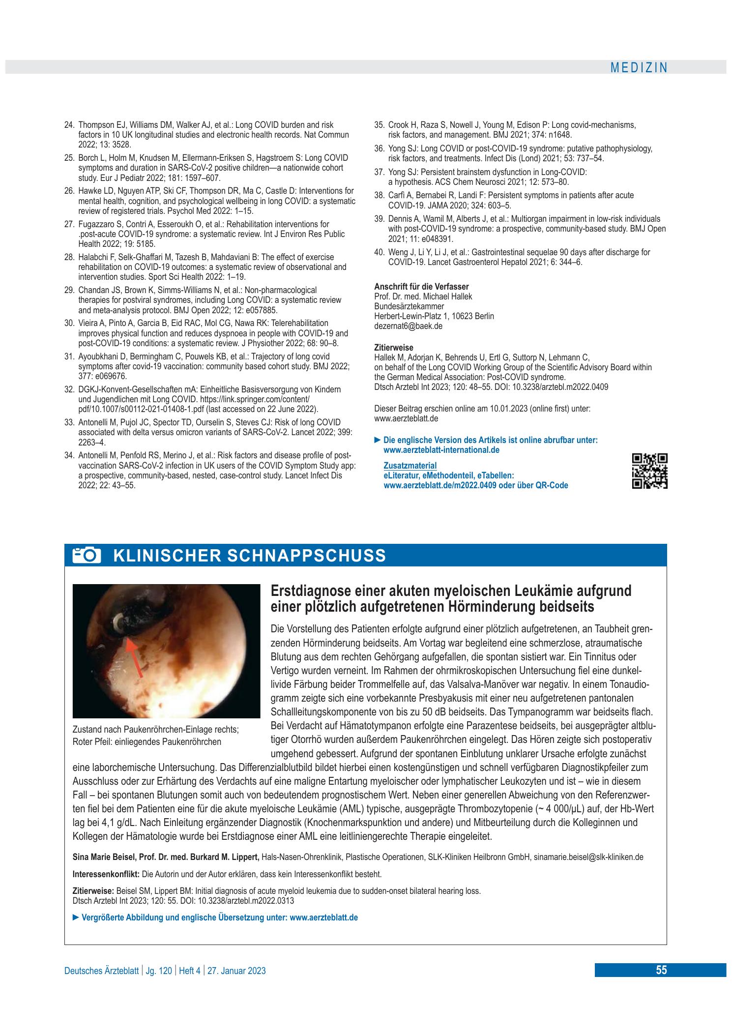 Vorschauseite 1: Erstdiagnose einer akuten myeloischen Leukämie aufgrund einer plötzlich aufgetretenen Hörminderung beidseits – Deutsches Ärzteblatt