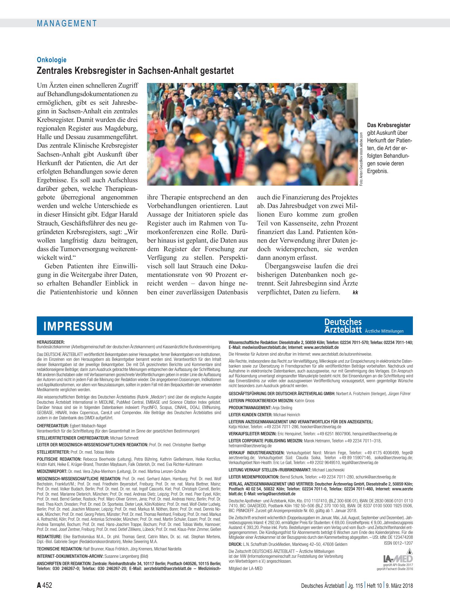 Vorschauseite 1: Onkologie: Zentrales Krebsregister in Sachsen-Anhalt gestartet – Deutsches Ärzteblatt