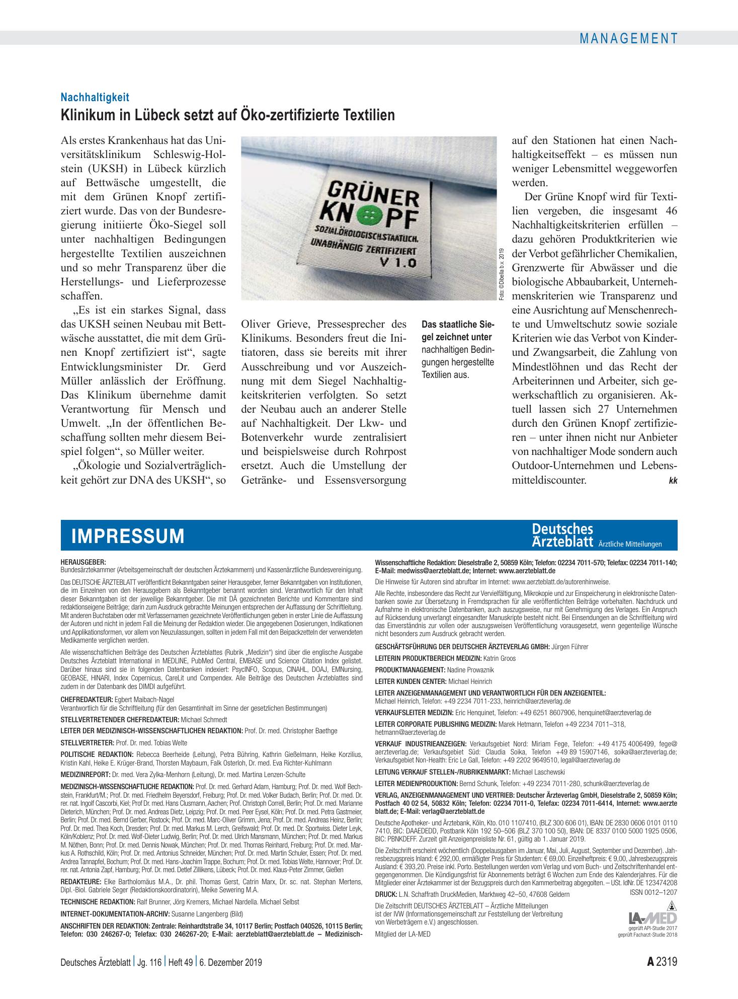 Vorschauseite 1: Nachhaltigkeit: Klinikum in Lübeck setzt auf Öko-zertifizierte Textilien – Deutsches Ärzteblatt